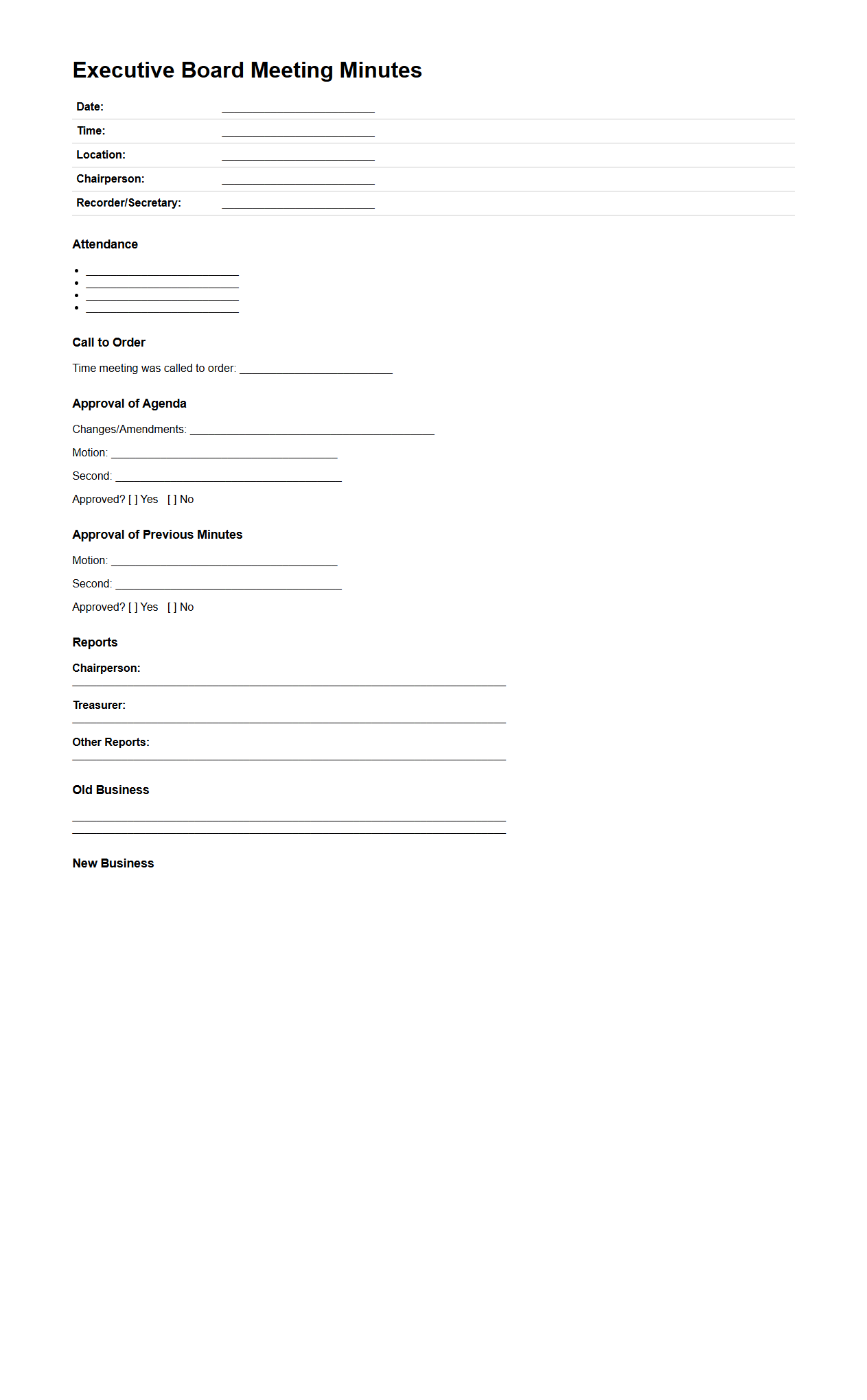 Executive Board Meeting Minutes Template