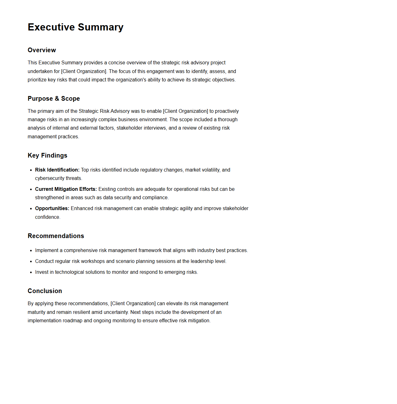 Executive Summary Sample for Strategic Risk Advisory