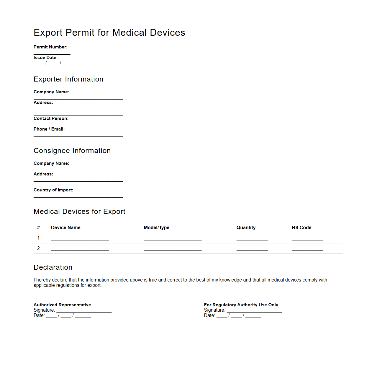 Export Permit Example for Medical Devices