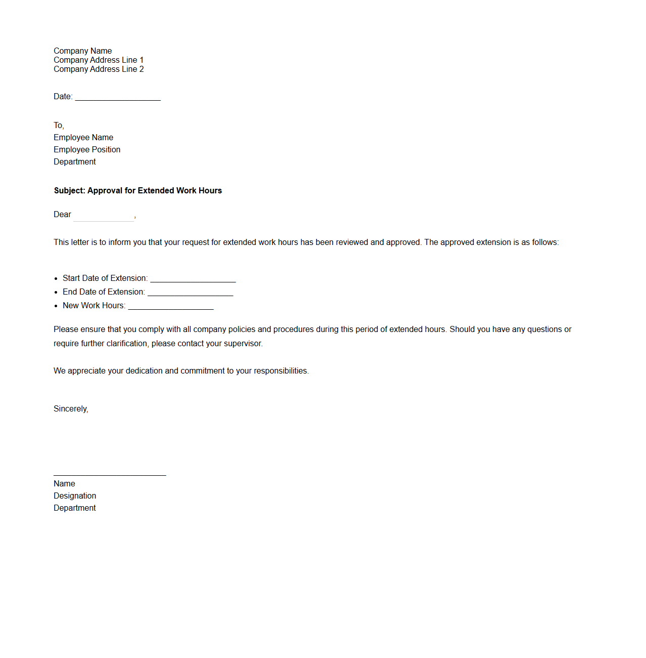 Extended Work Hours Approval Letter