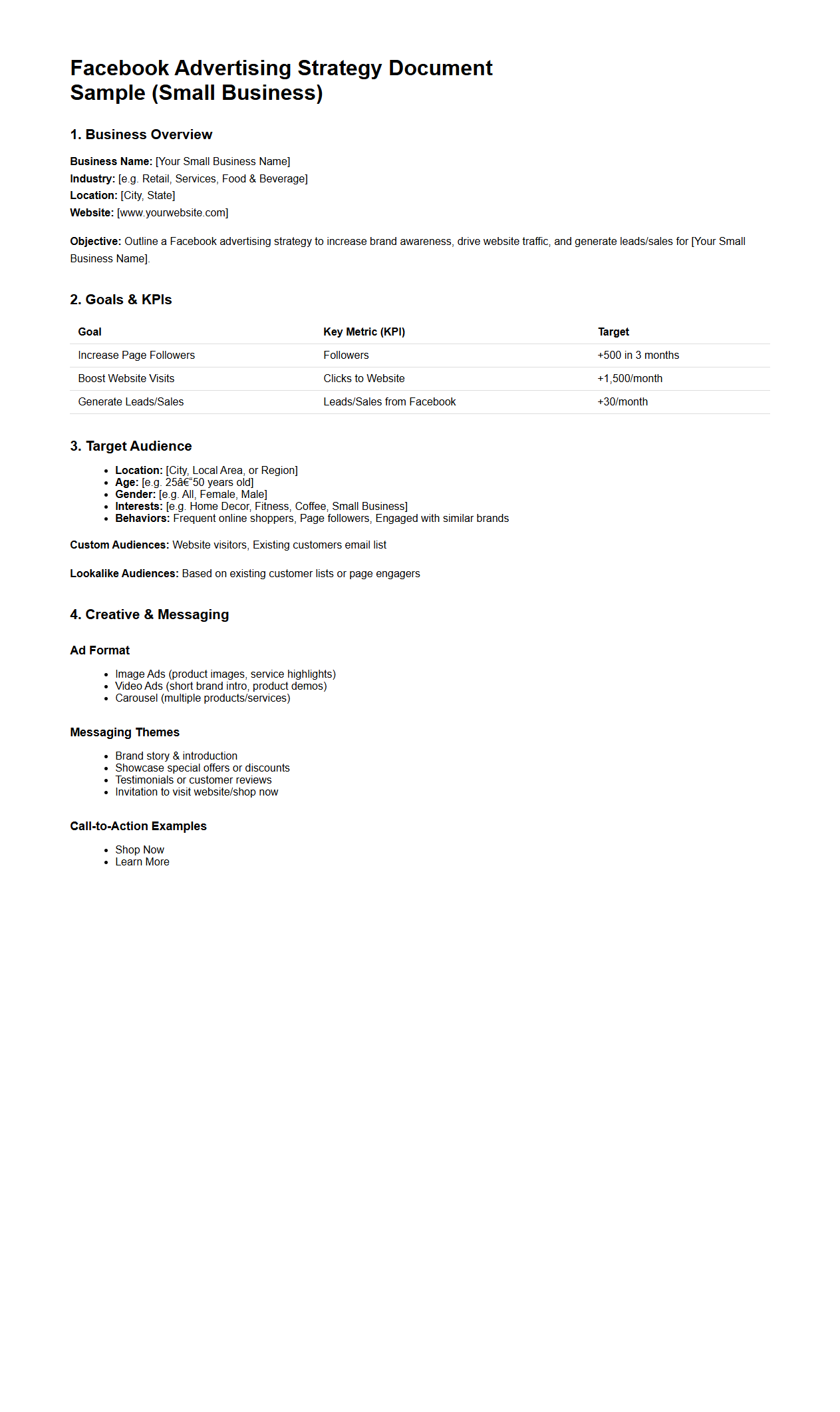 Facebook Advertising Strategy Document Sample for Small Business