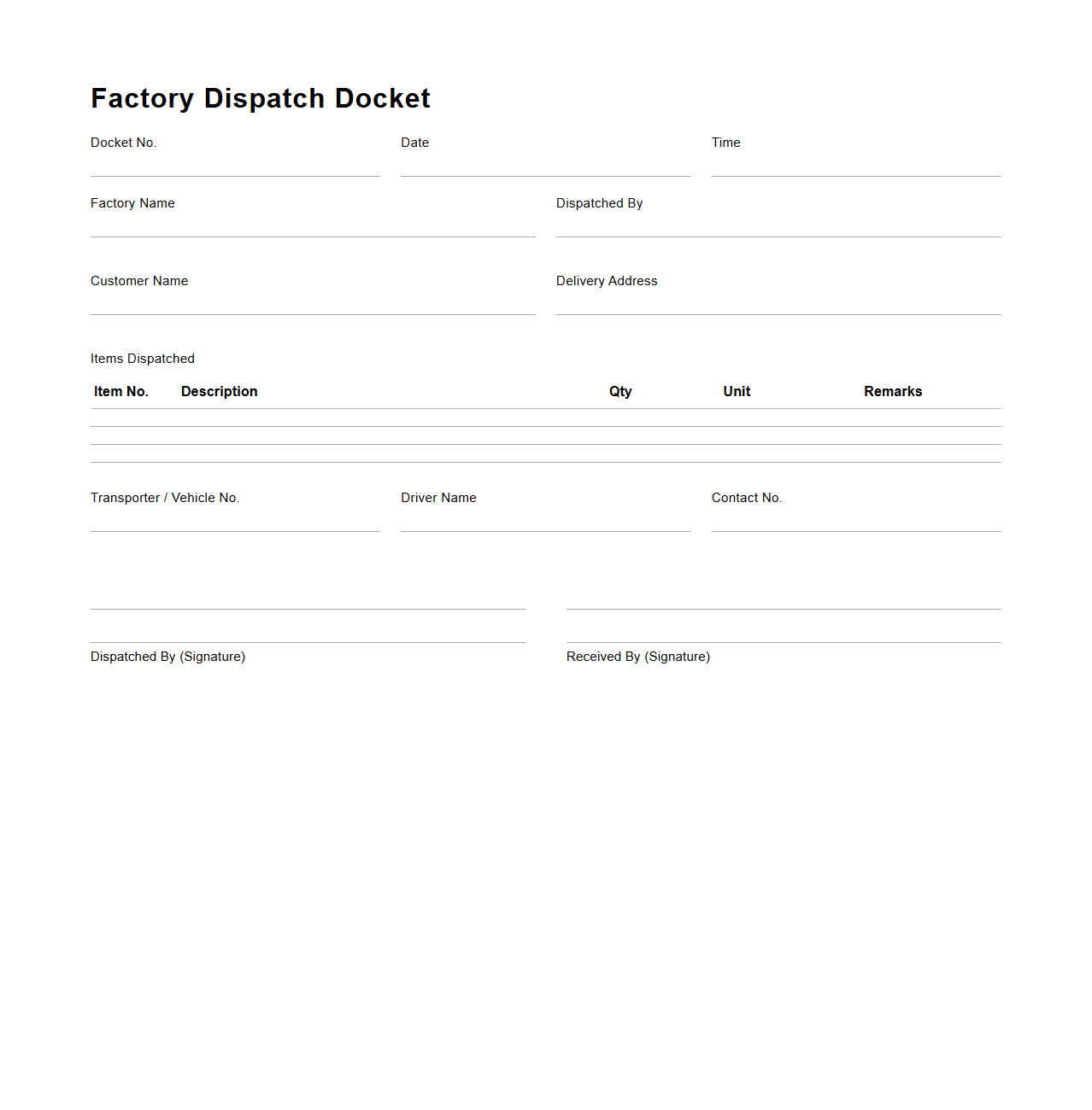 Factory Dispatch Docket Example