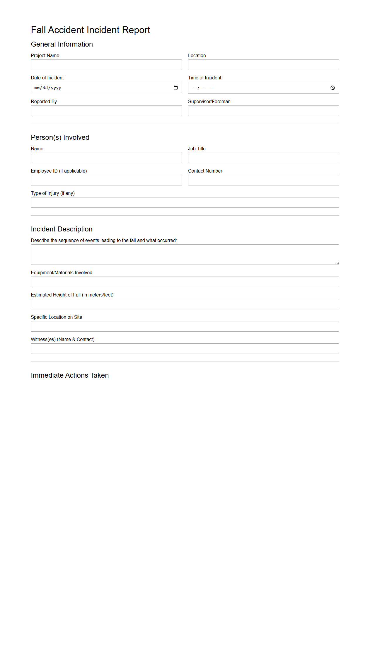 Fall Accident Incident Report Template for Construction