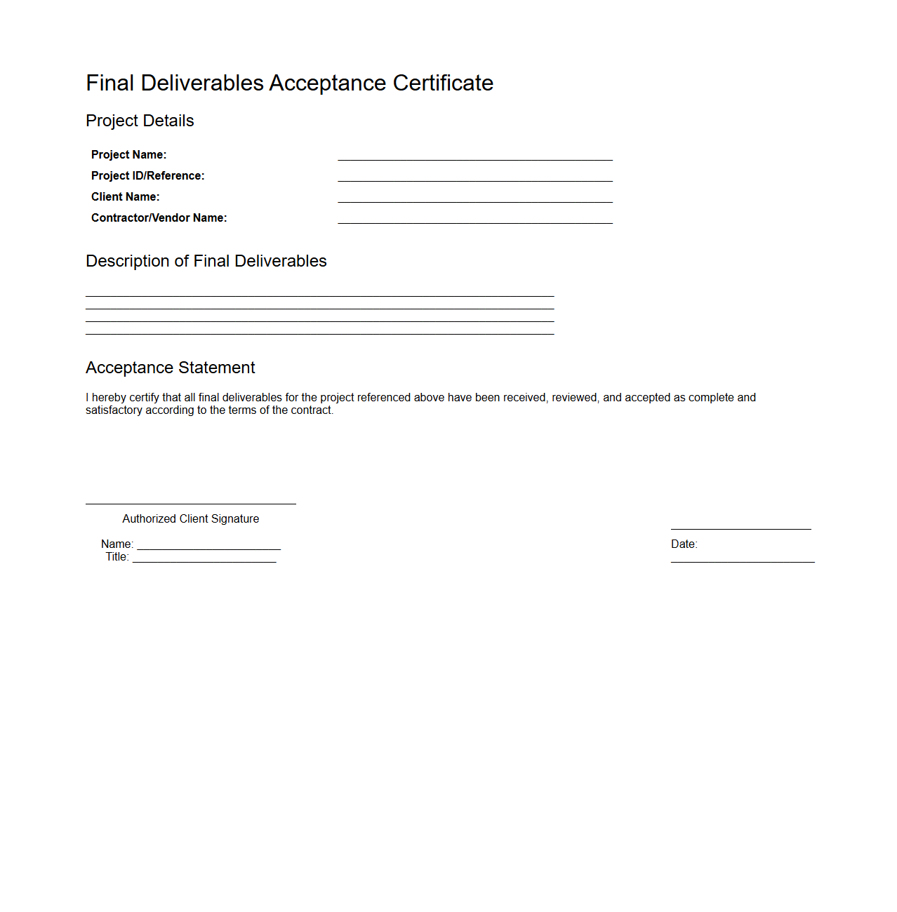 Final Deliverables Acceptance Certificate