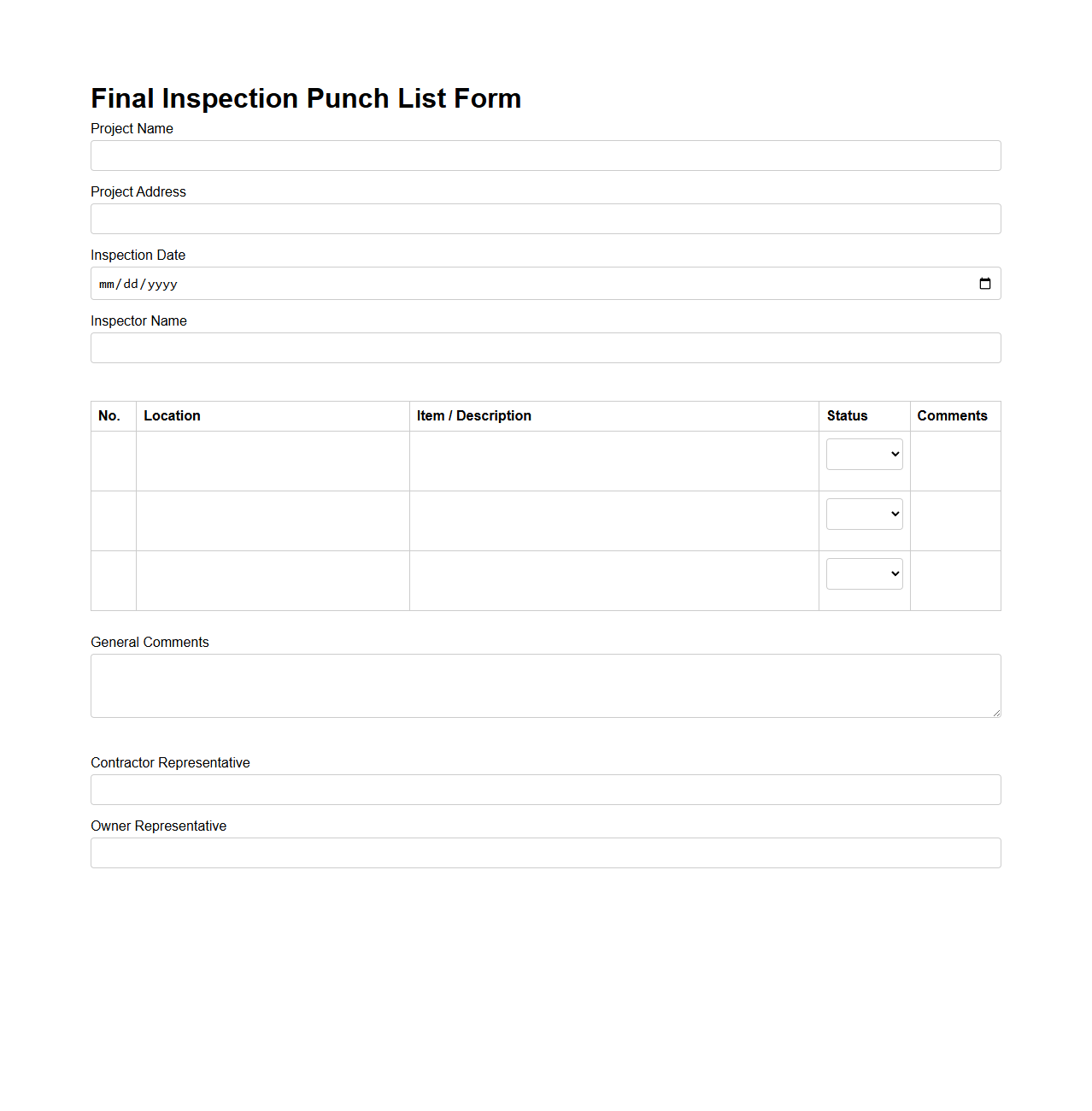 Final Inspection Punch List Form
