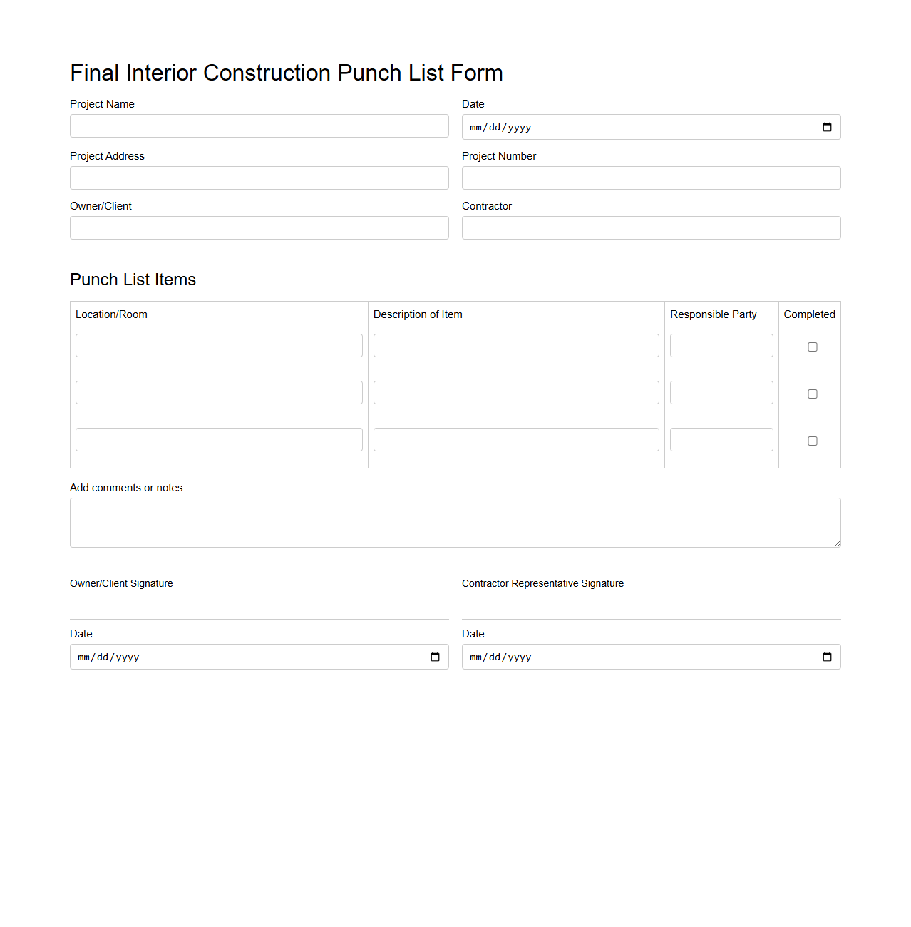 Final Interior Construction Punch List Form
