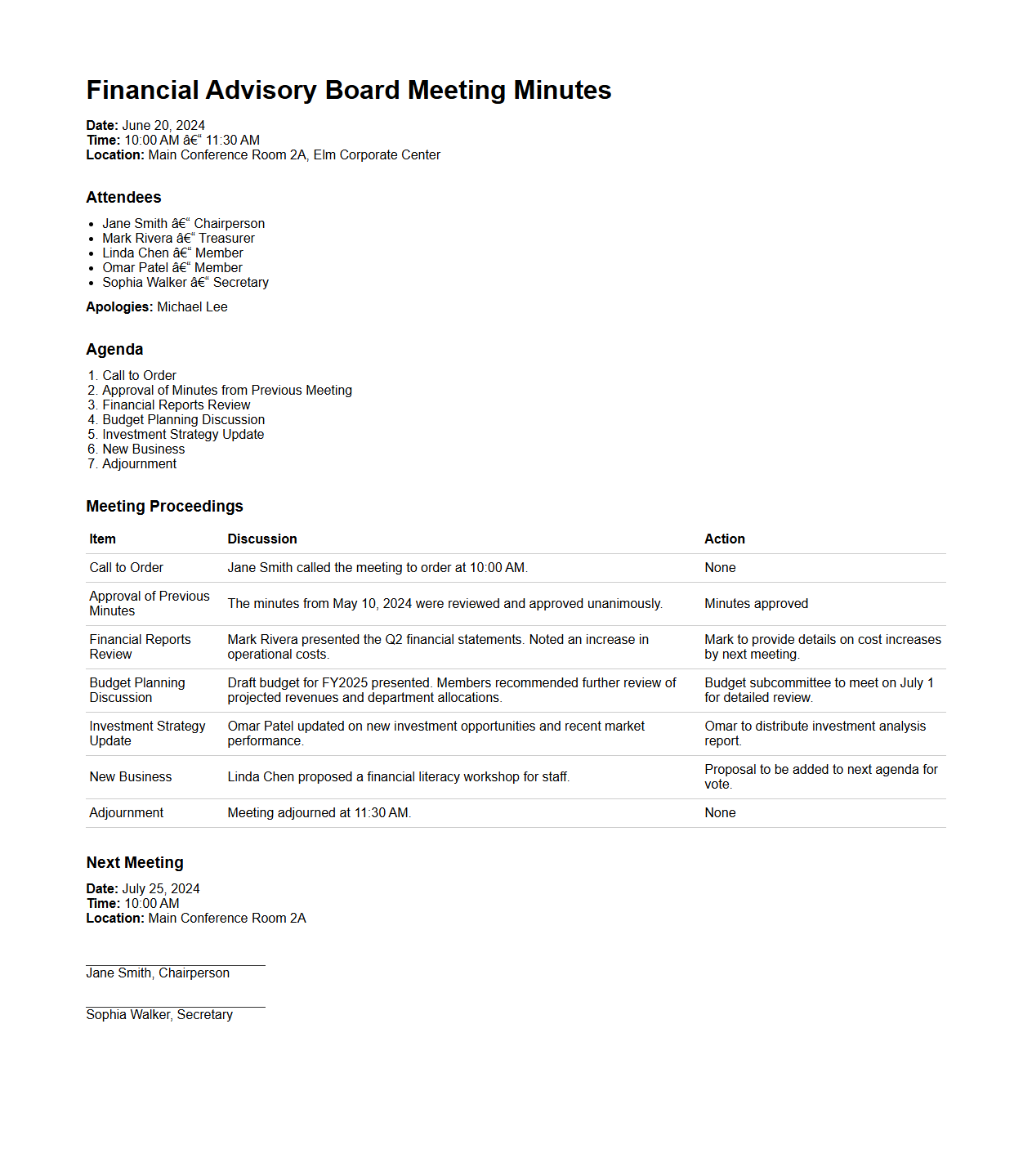 Financial Advisory Board Meeting Minutes Sample