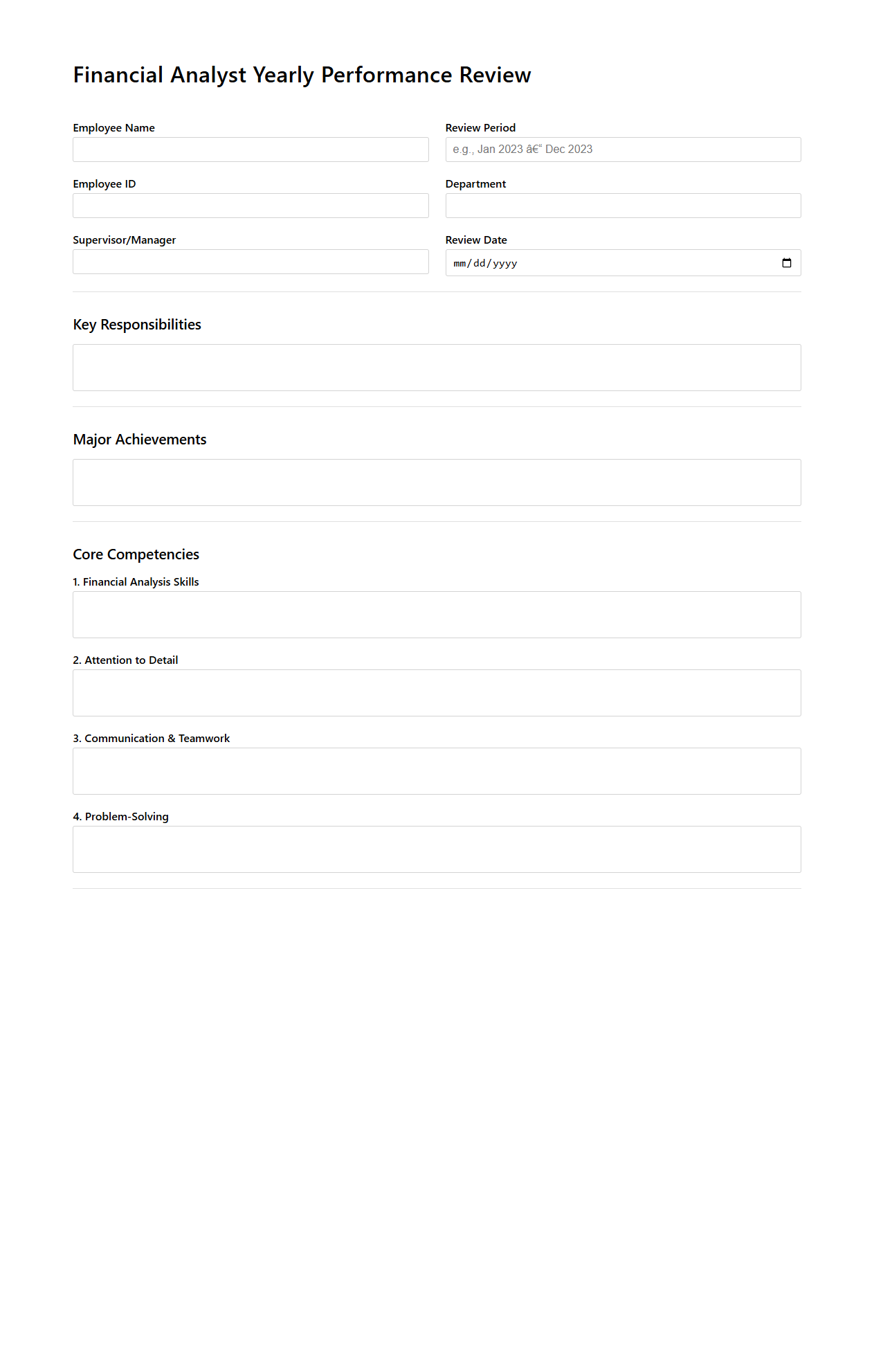 Financial Analyst Yearly Performance Review Sample