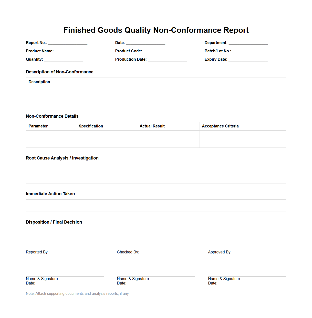 Finished Goods Quality Non-Conformance Report Sample