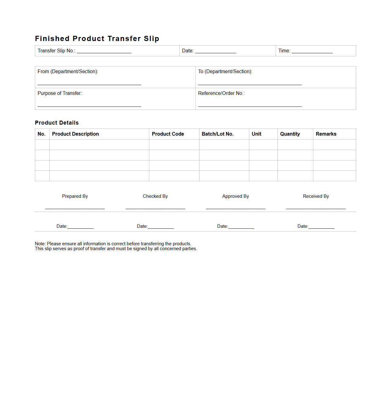 Finished Product Transfer Slip for Factory Operations