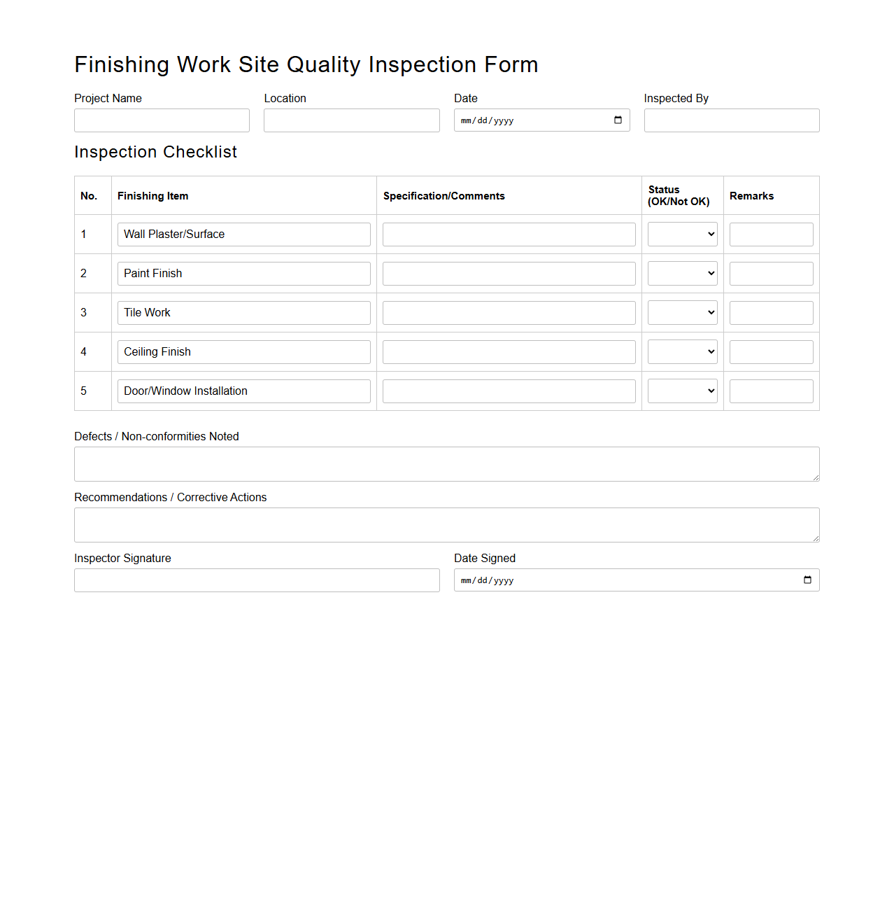 Finishing Work Site Quality Inspection Form