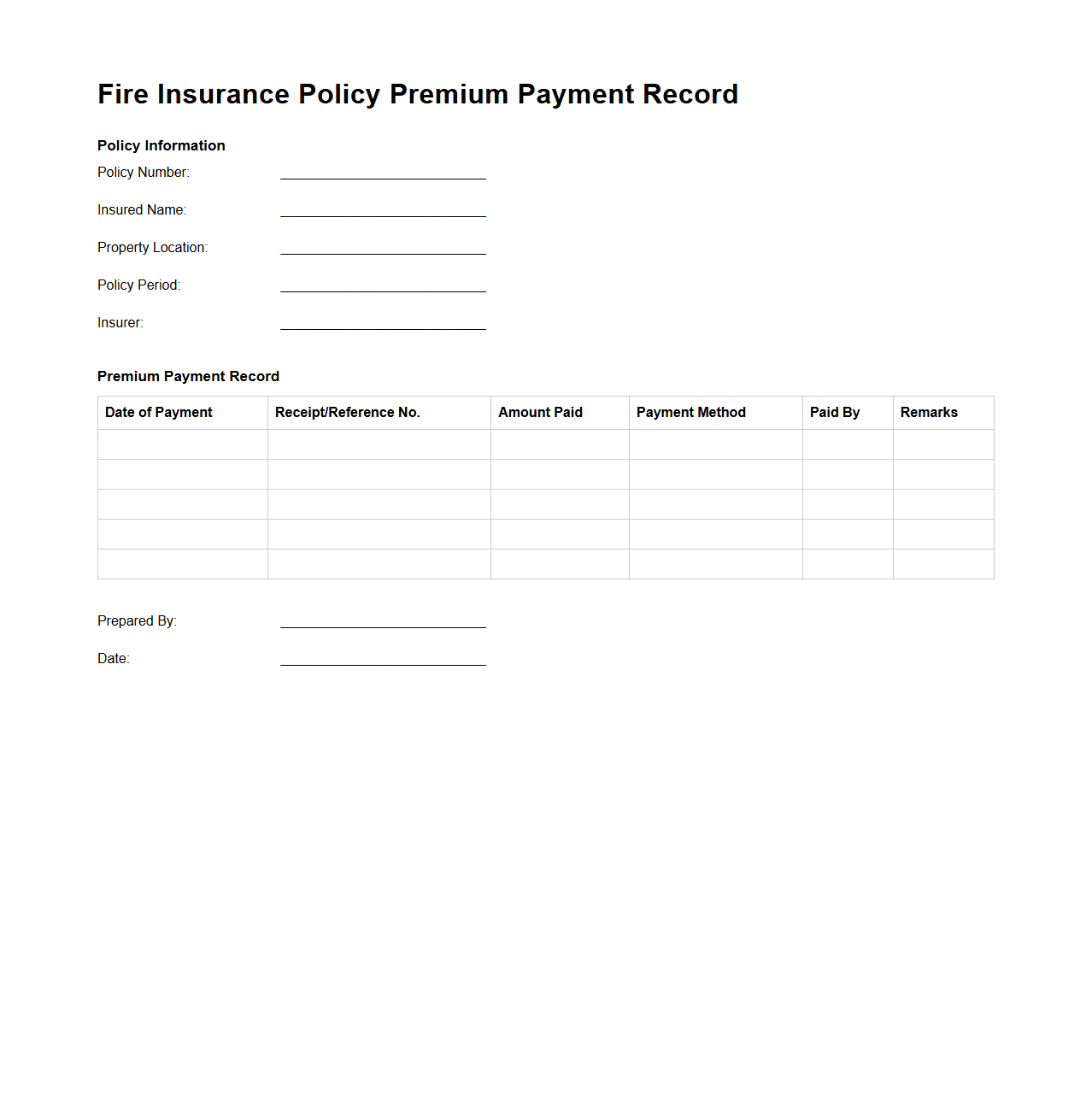 Fire Insurance Policy Premium Payment Record