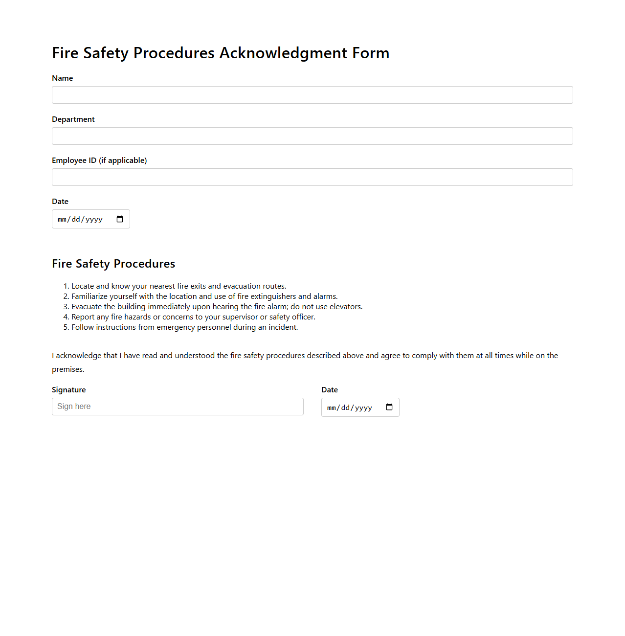 Fire Safety Procedures Acknowledgment Form