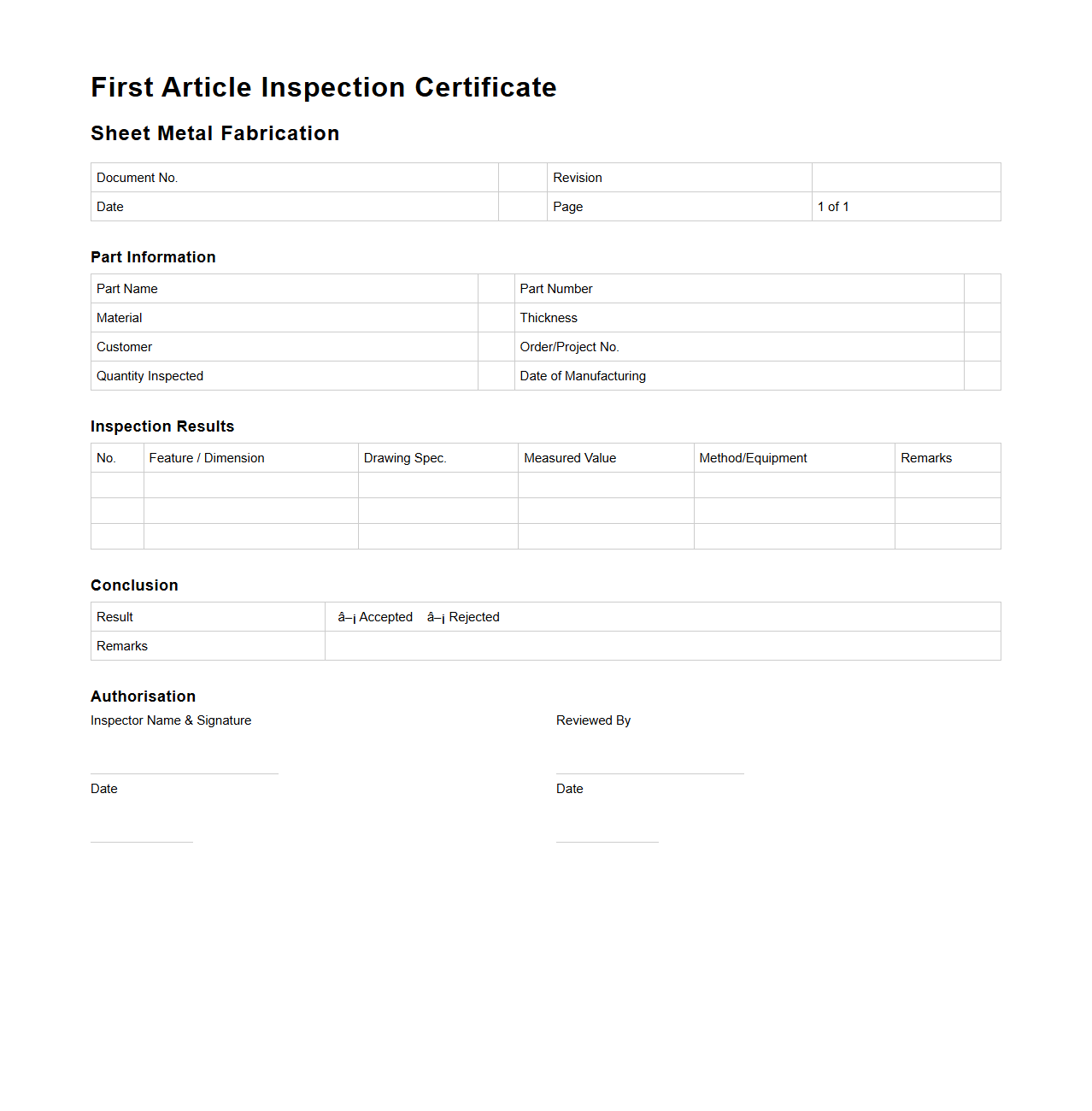 First Article Inspection Certificate for Sheet Metal Fabrication