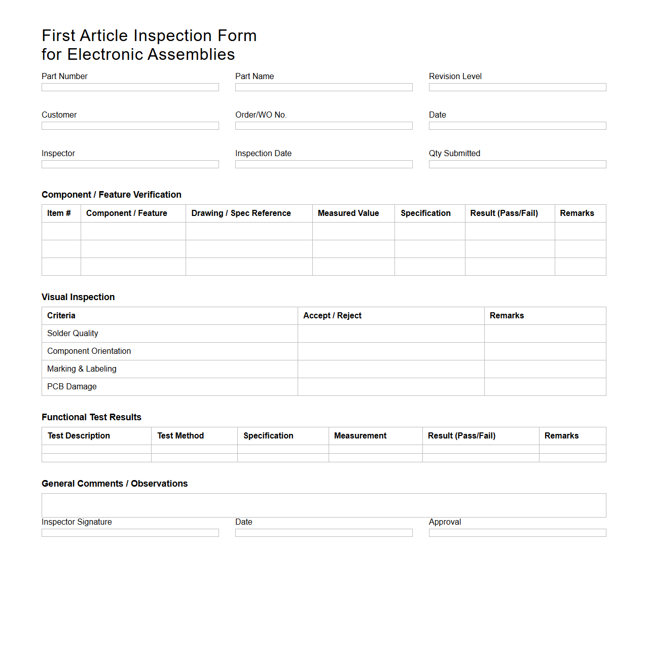 First Article Inspection Form for Electronic Assemblies
