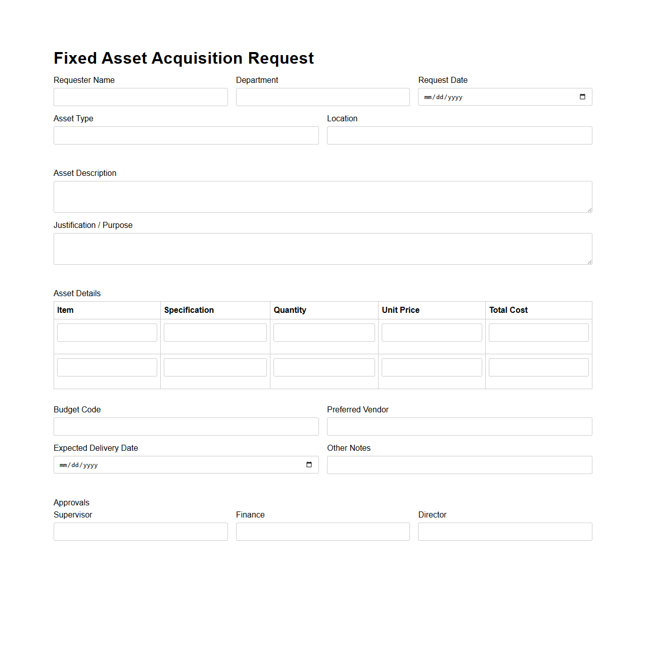 Fixed Asset Acquisition Request Template
