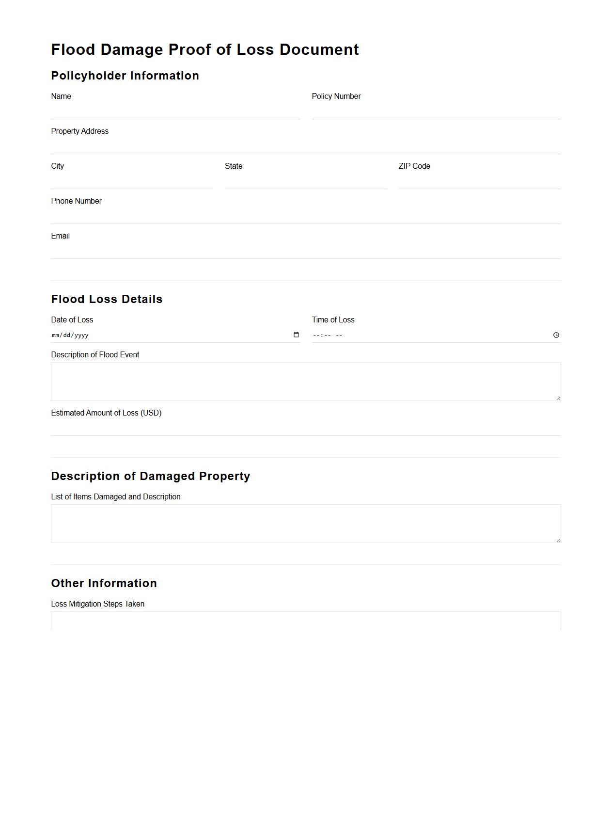 Flood Damage Proof of Loss Document for Residential Property