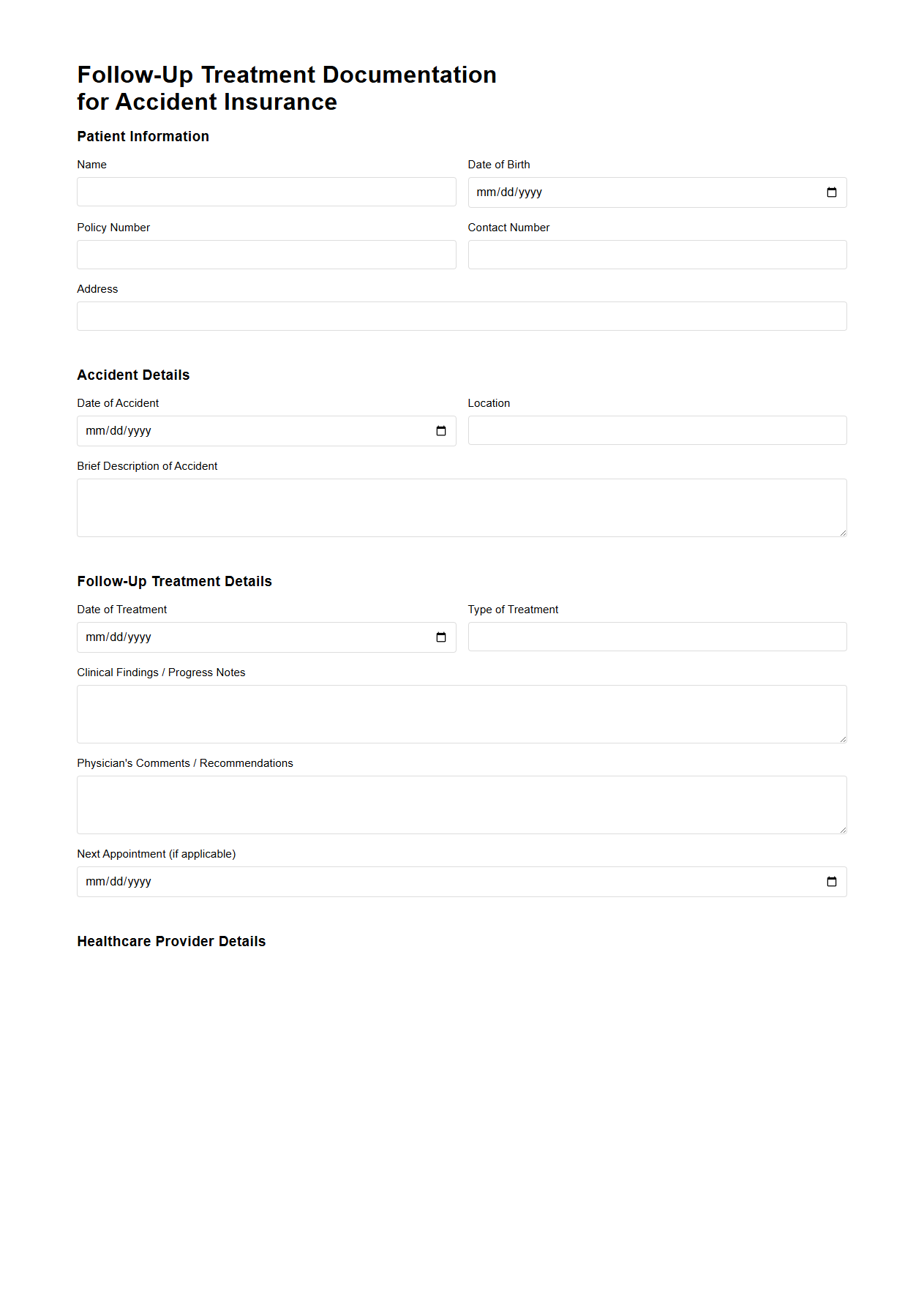 Follow-Up Treatment Documentation for Accident Insurance