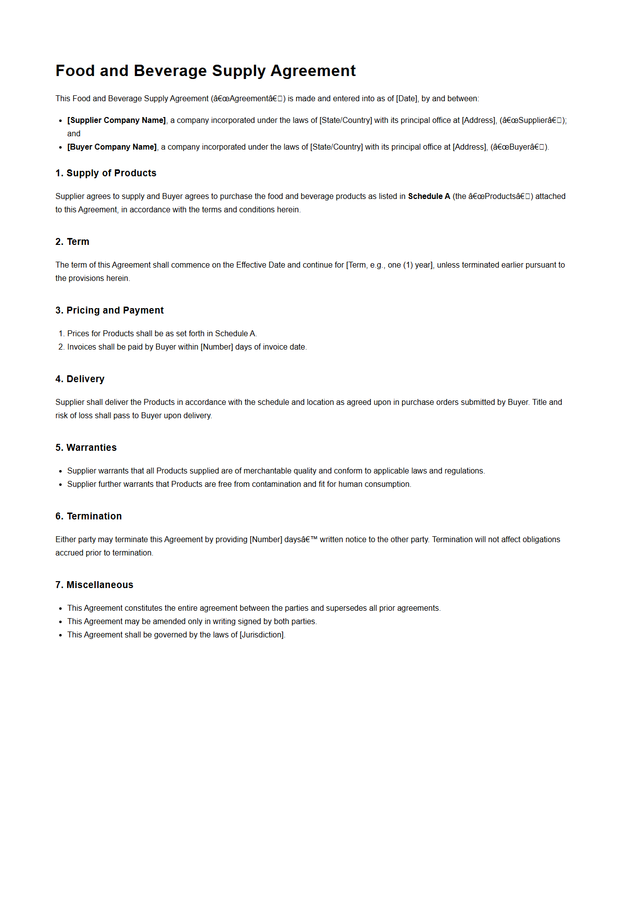 Food and Beverage Supply Agreement Sample
