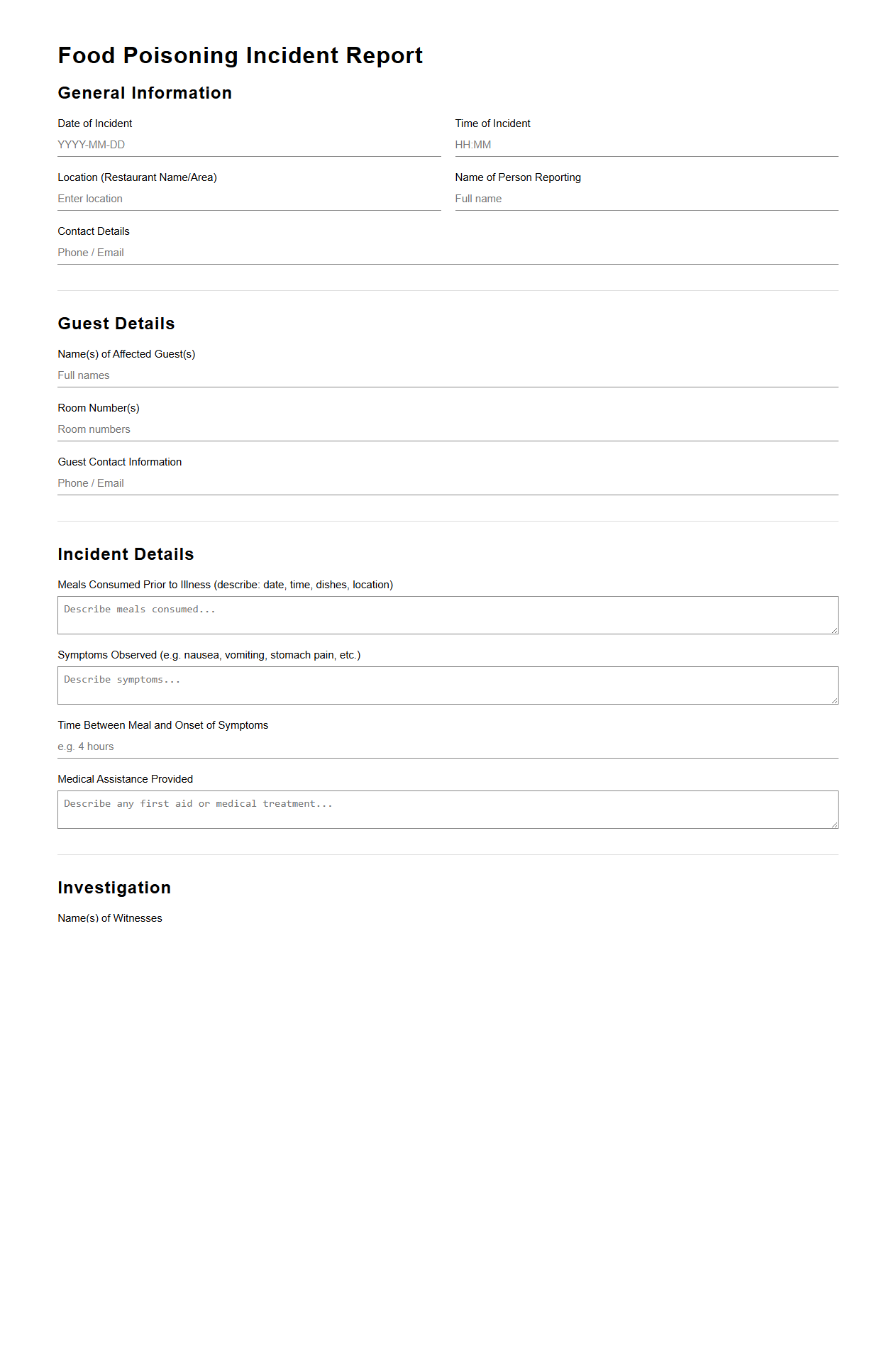Food Poisoning Incident Report Sample for Hotel Restaurants