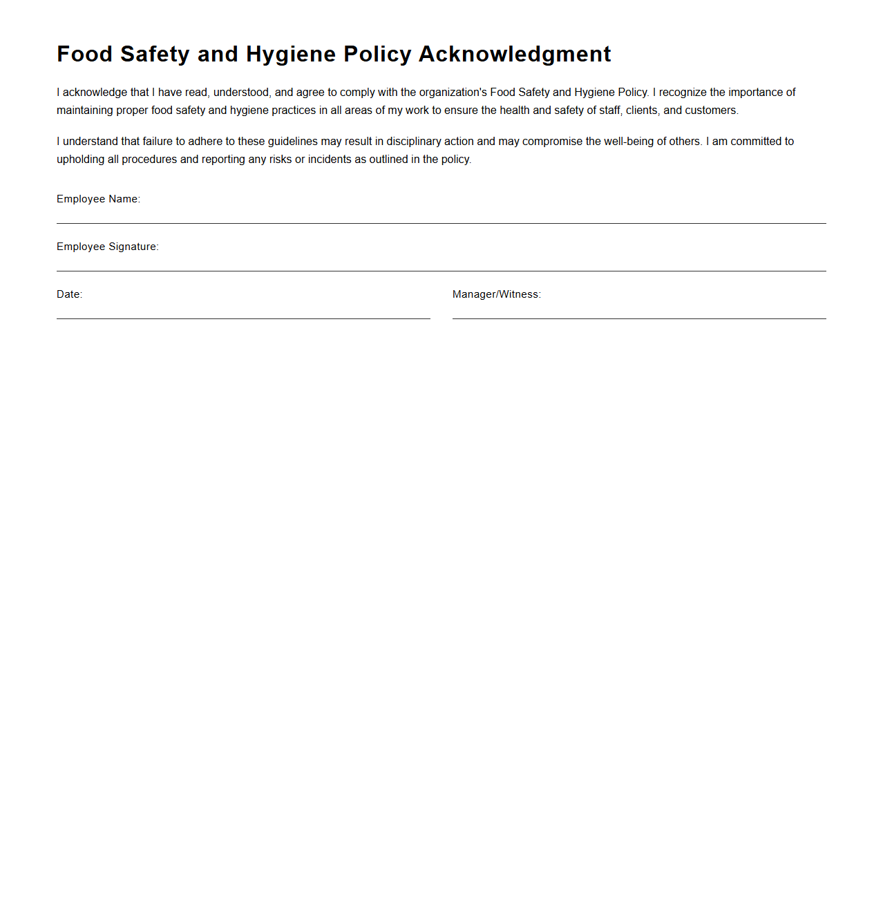 Food Safety and Hygiene Policy Acknowledgment