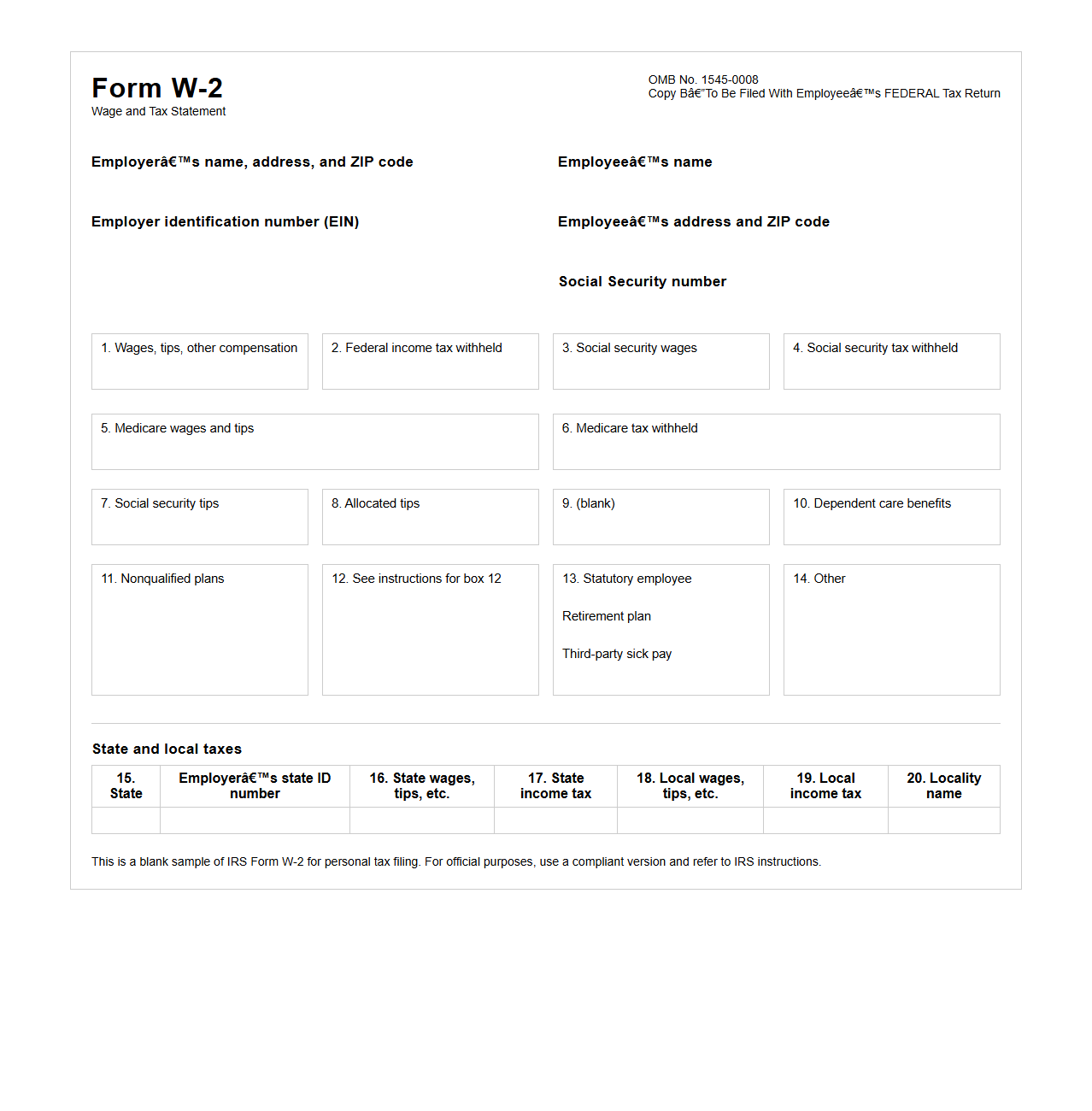 Form W-2 Sample for Personal Tax Filing