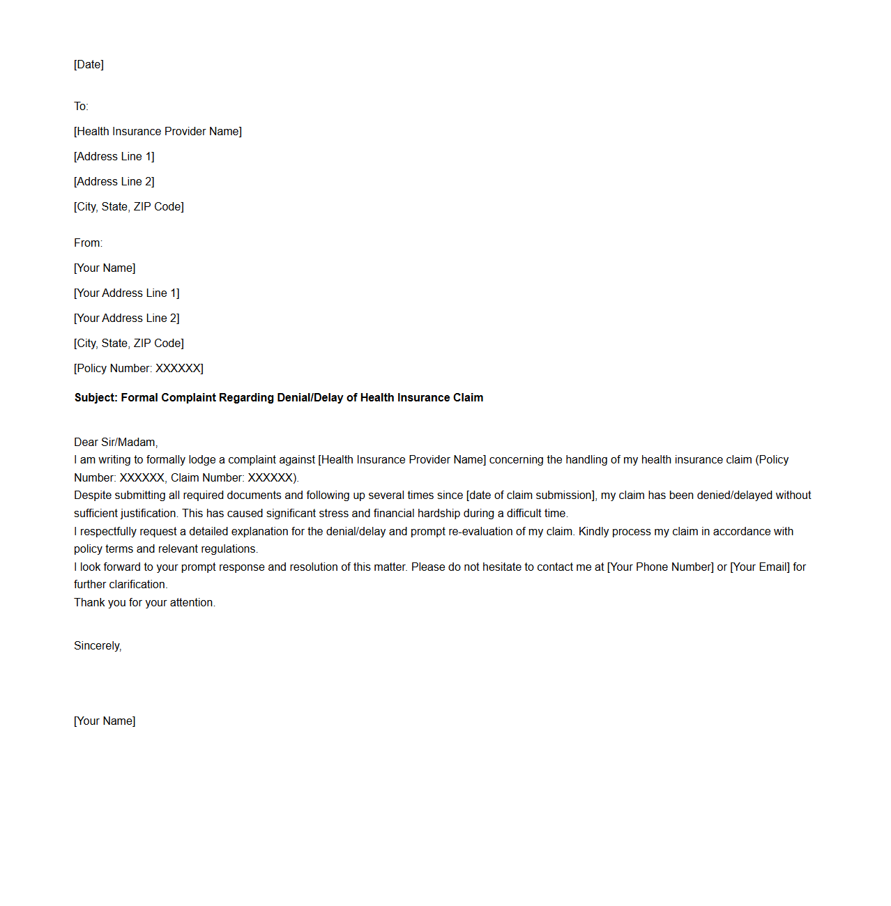 Formal Complaint Letter Against Health Insurance Provider