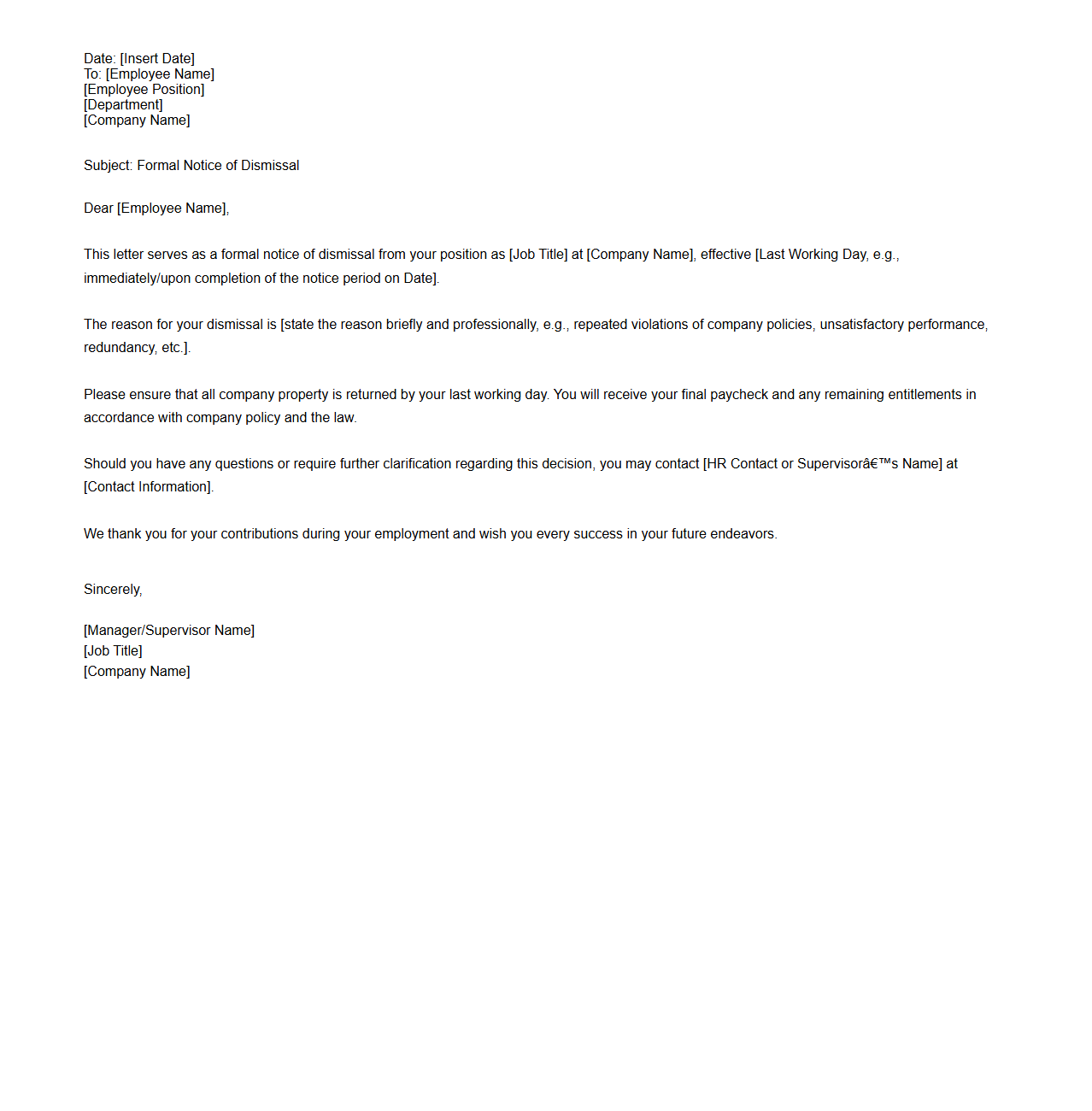 Formal Notice of Dismissal Letter