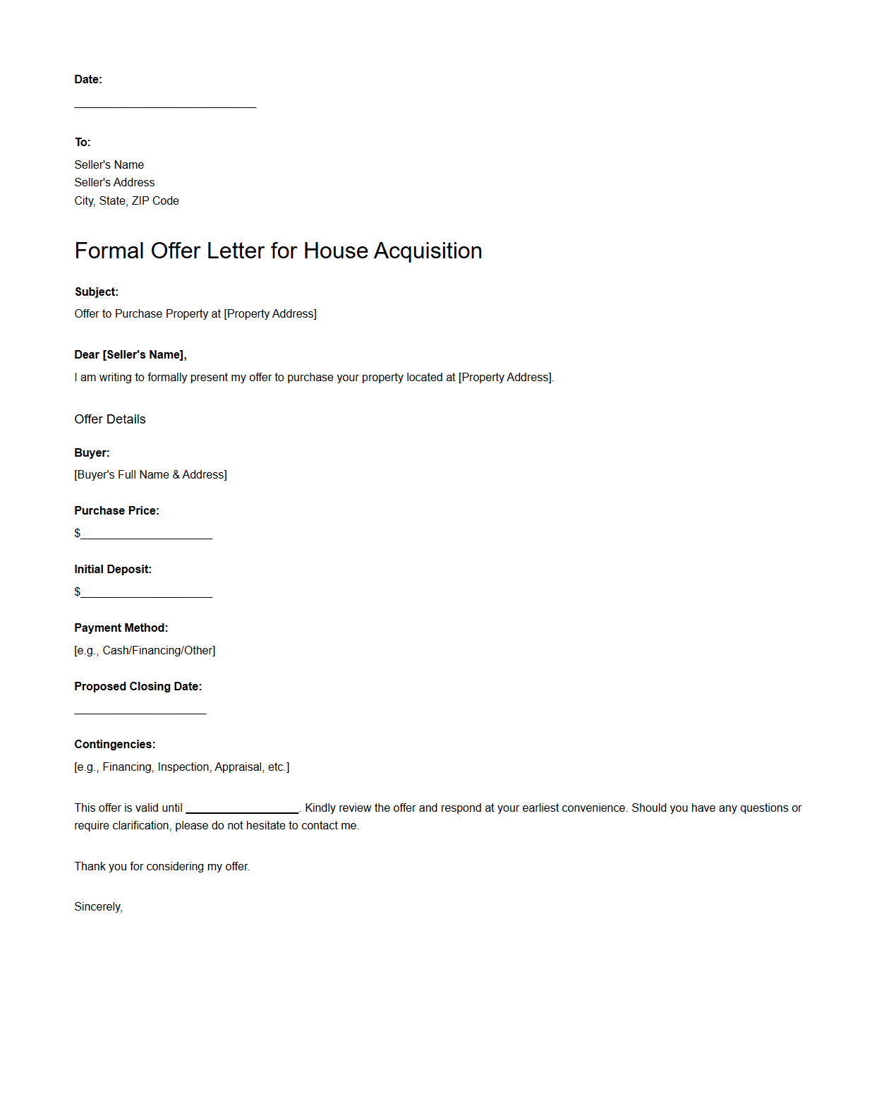 Formal Offer Letter for House Acquisition