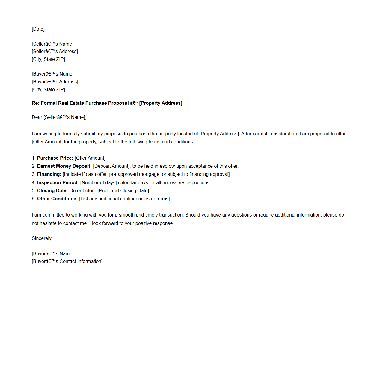 Formal Real Estate Purchase Proposal Letter