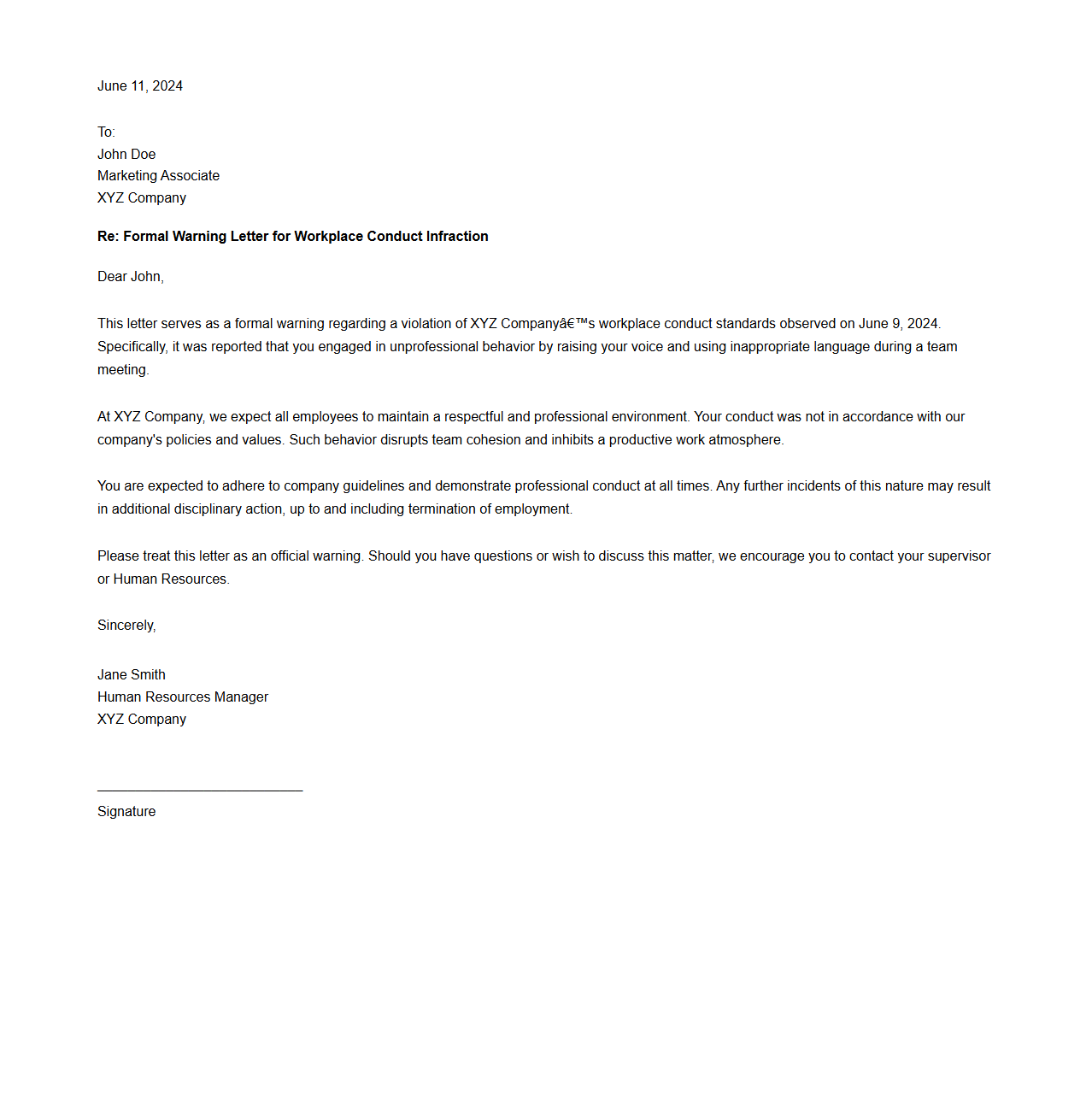 Formal Warning Letter for Workplace Conduct Infraction