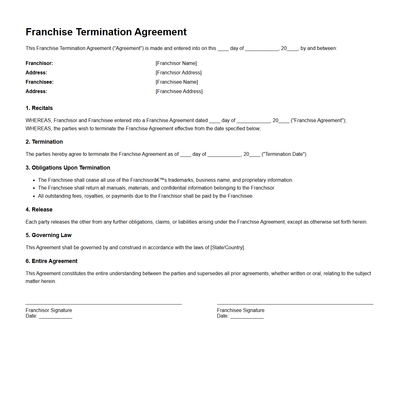 Franchise Termination Agreement Format