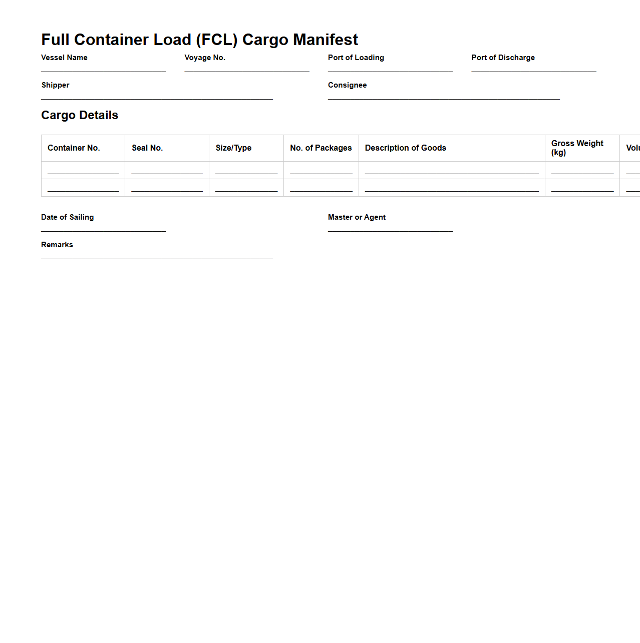 Full Container Load (FCL) Cargo Manifest Example