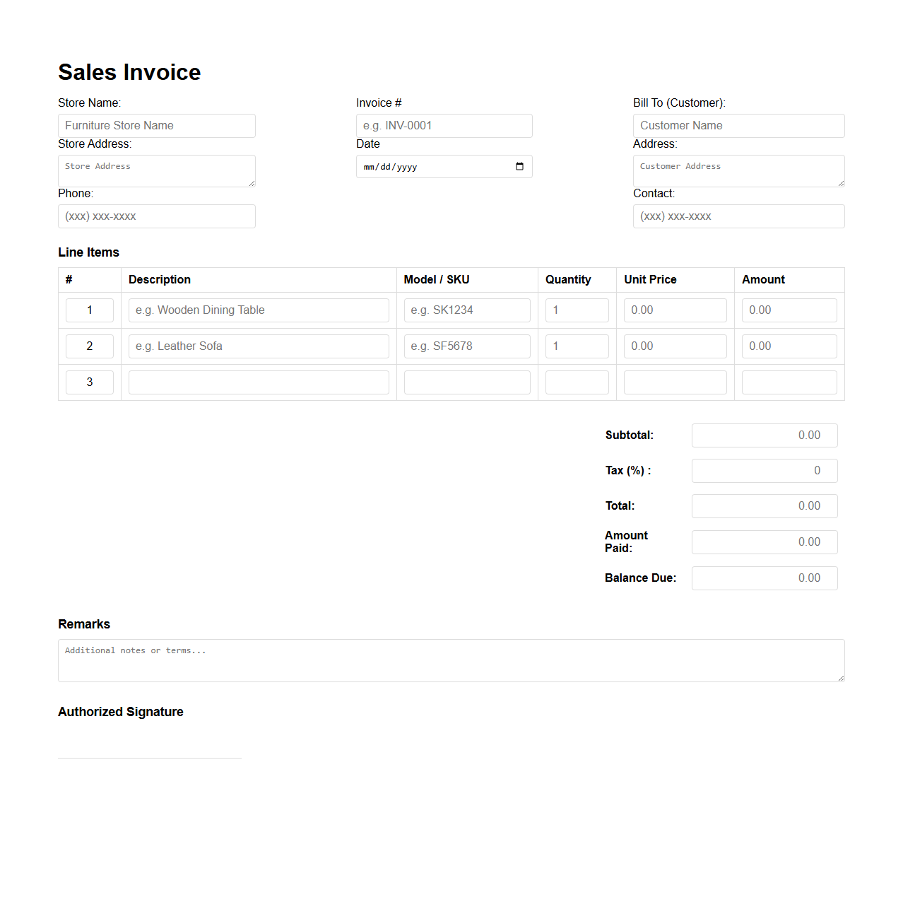 Furniture Store Sales Invoice Form