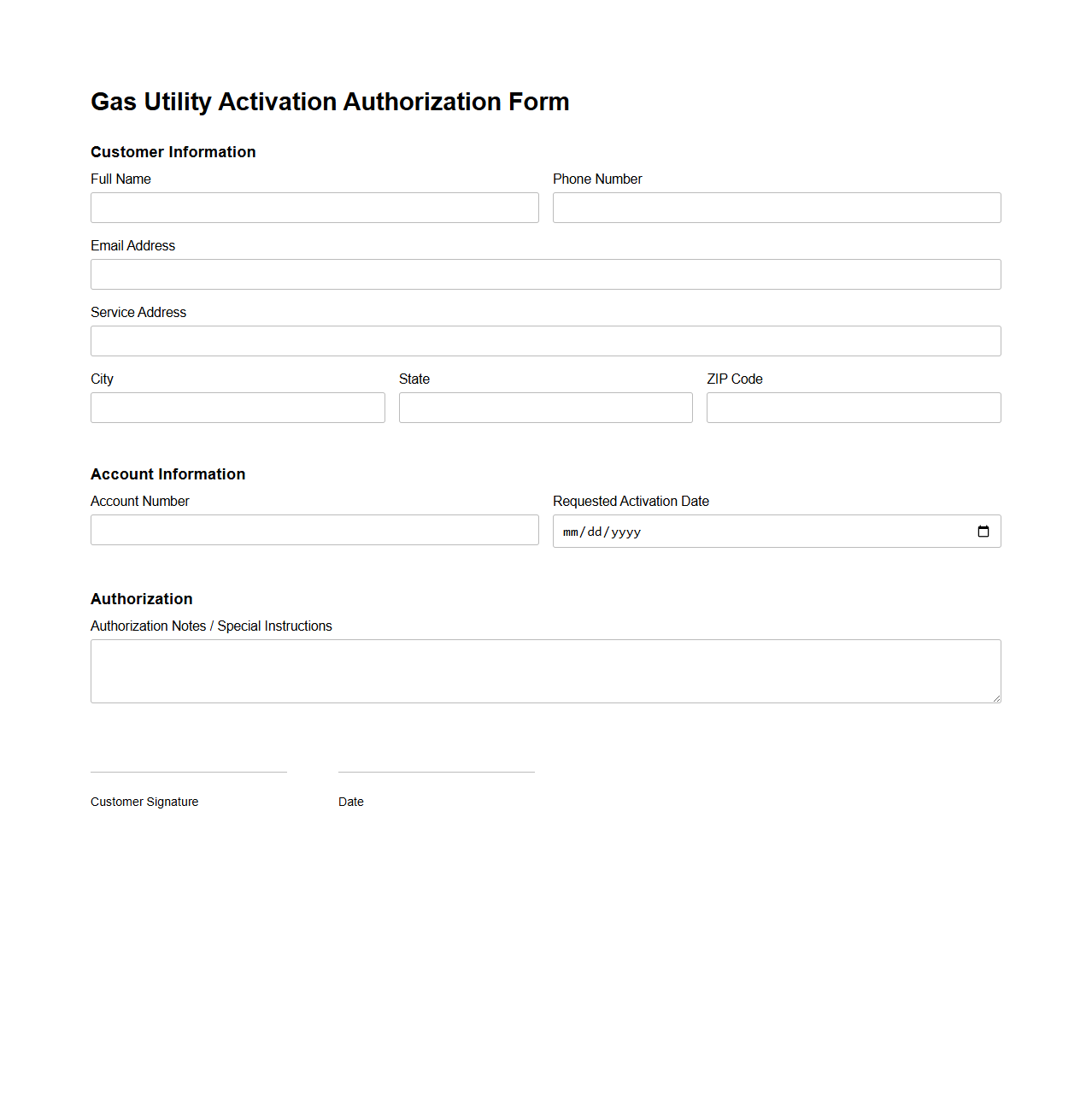 Gas Utility Activation Authorization Form