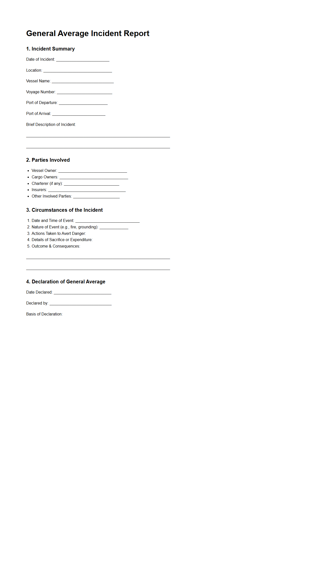 General Average Incident Report Structure for Marine Underwriters