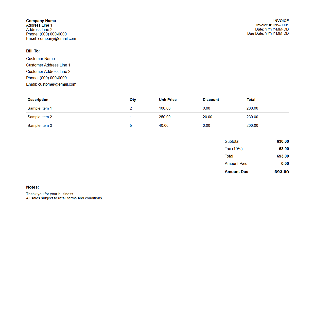 General Merchandise Retail Invoice Layout