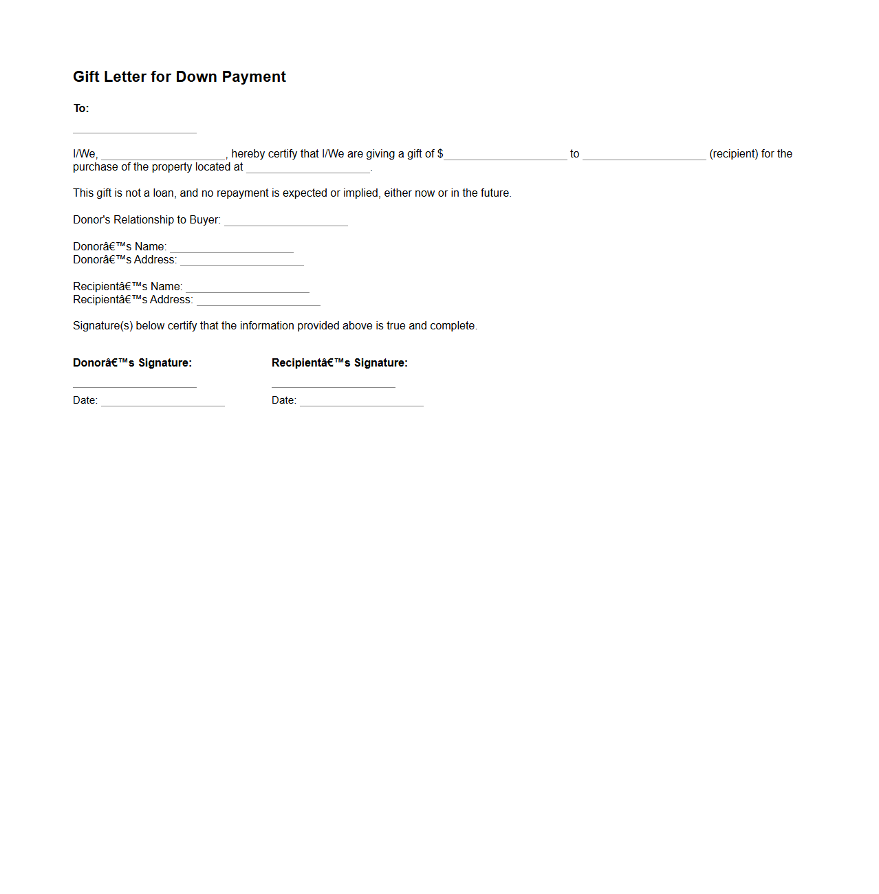 Gift Letter for Down Payment Sample