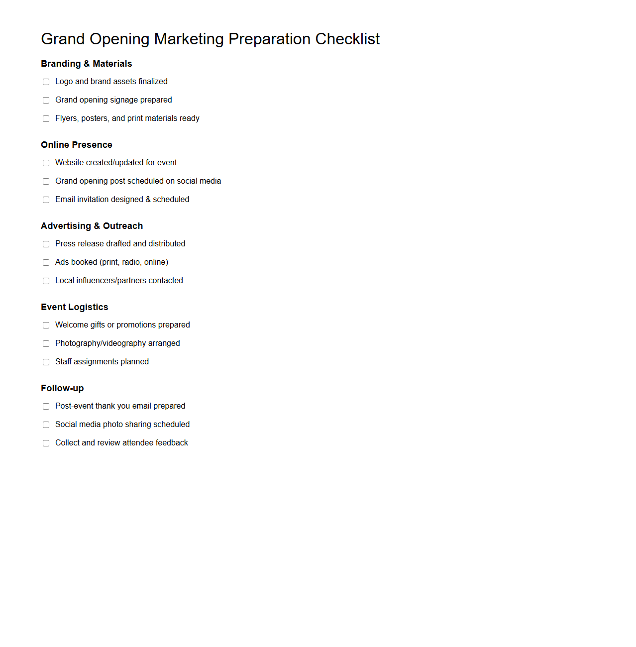 Grand Opening Marketing Preparation Checklist