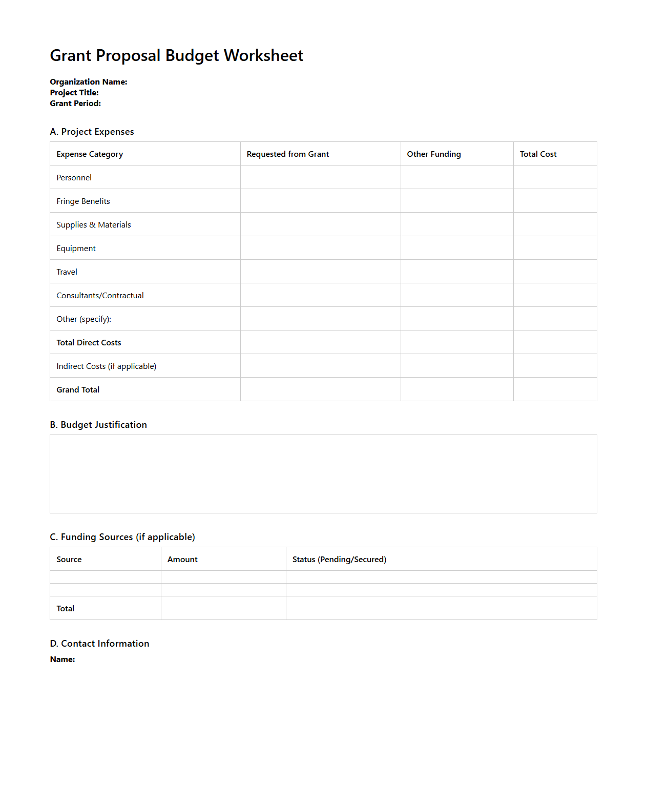 Grant Proposal Budget Worksheet for Nonprofits