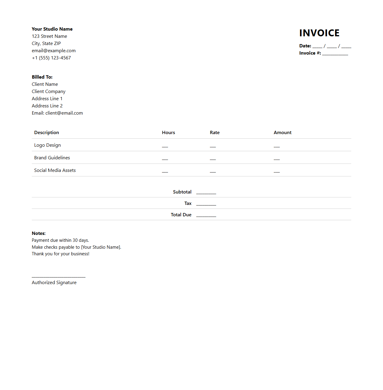 Graphic Design Work Invoice Template