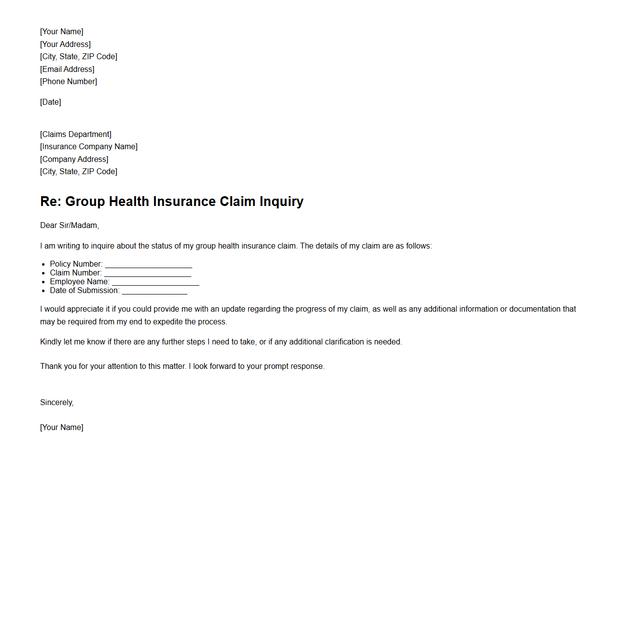 Group Health Insurance Claim Inquiry Letter Template