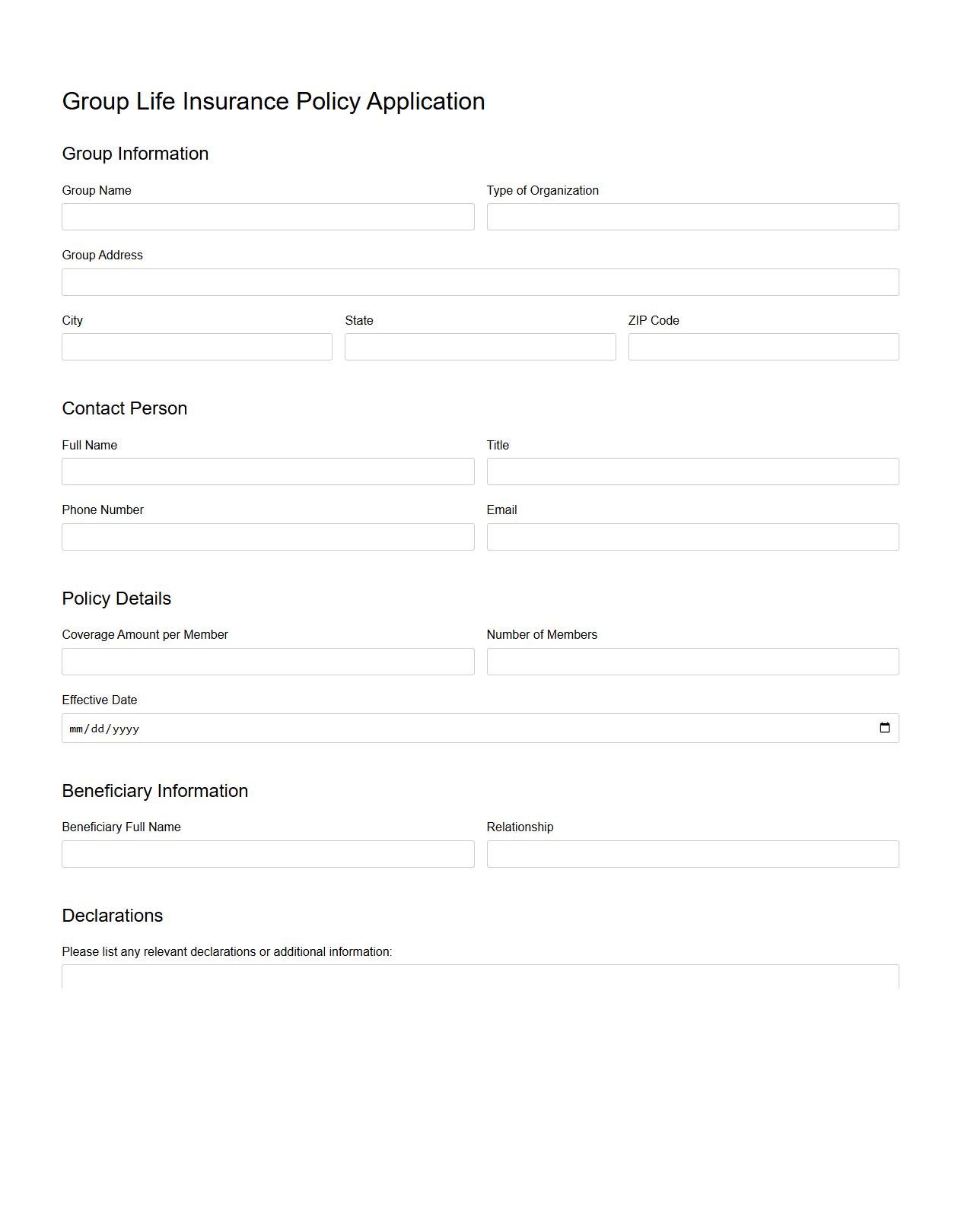 Group Life Insurance Policy Application Sample