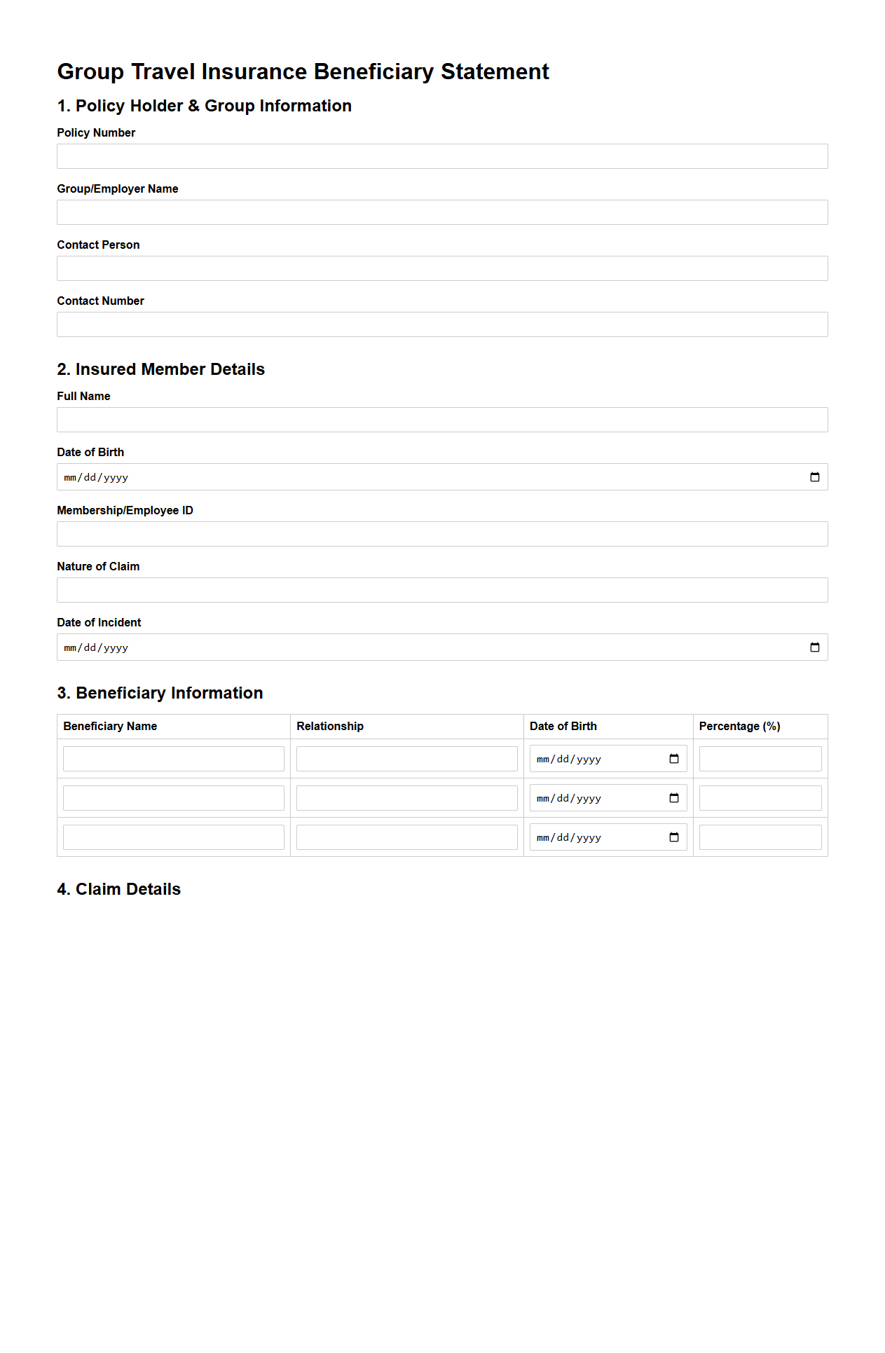 Group Travel Insurance Beneficiary Statement Template