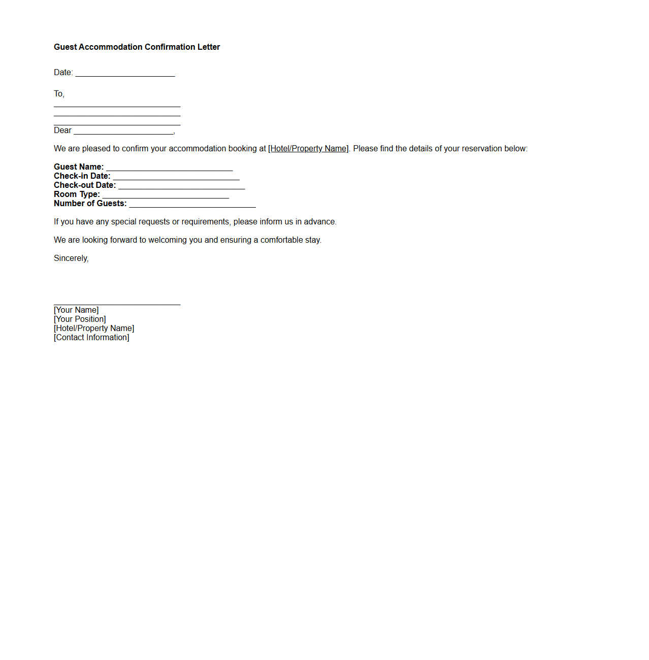 Guest Accommodation Confirmation Letter Sample