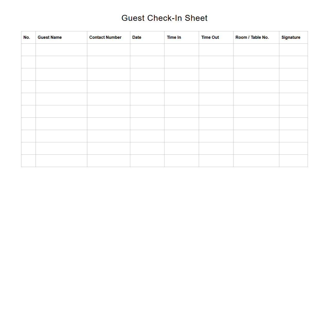 Guest Check-In Sheet for Hospitality Desk