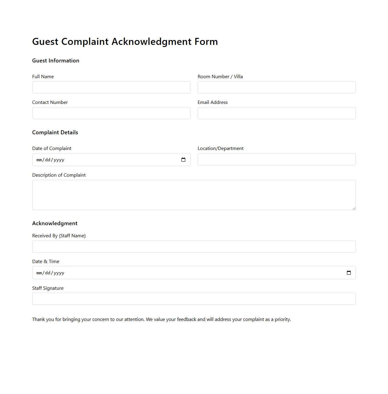 Guest Complaint Acknowledgment Form Example for Luxury Resorts