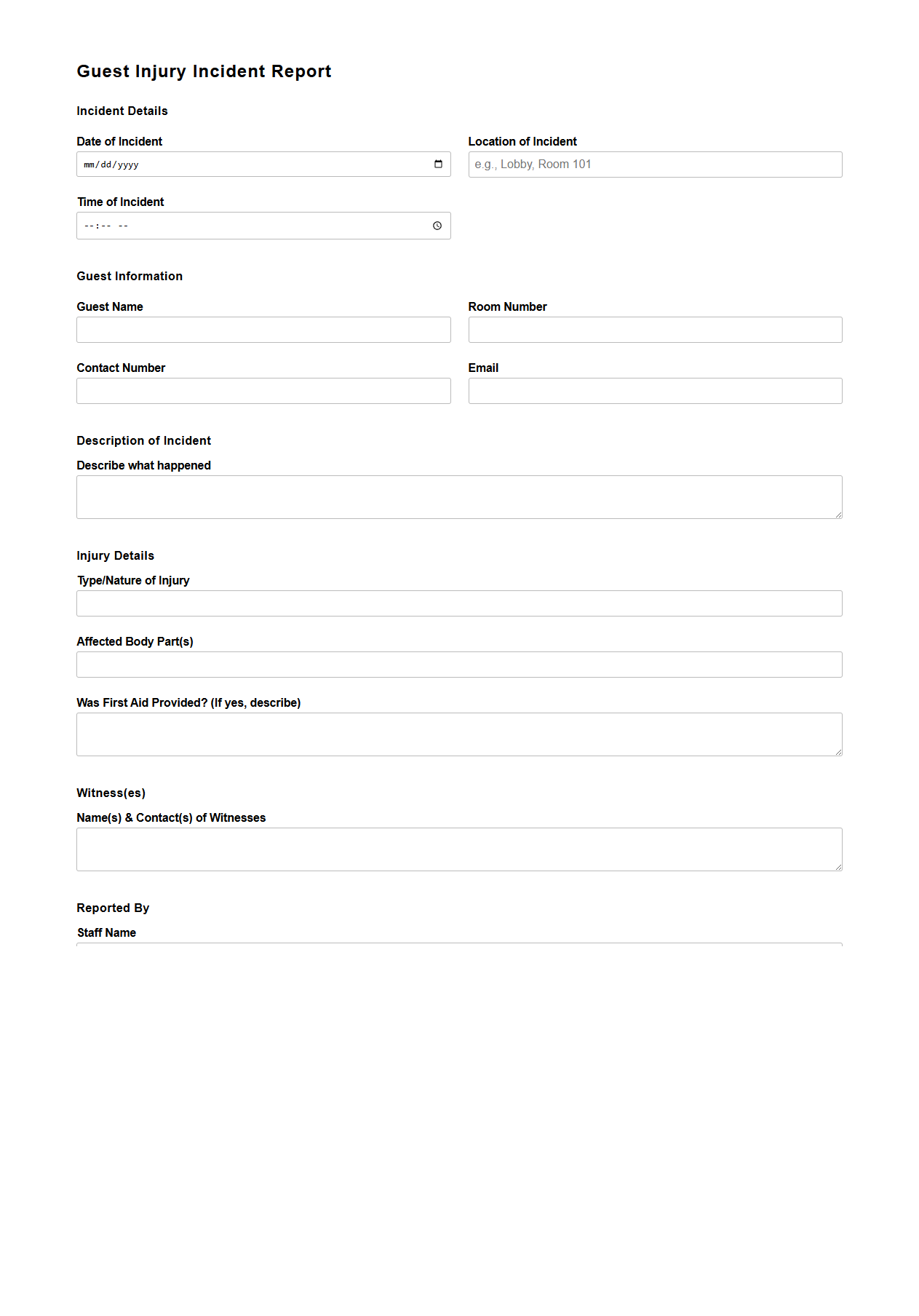 Guest Injury Incident Report Sample for Hotels