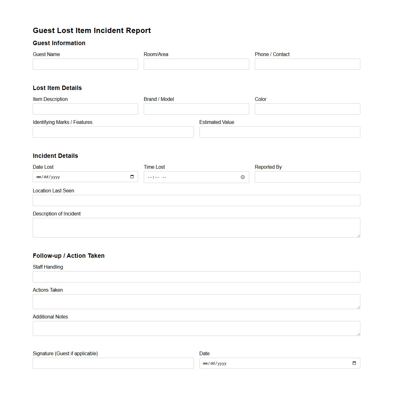 Guest Lost Item Incident Report Template