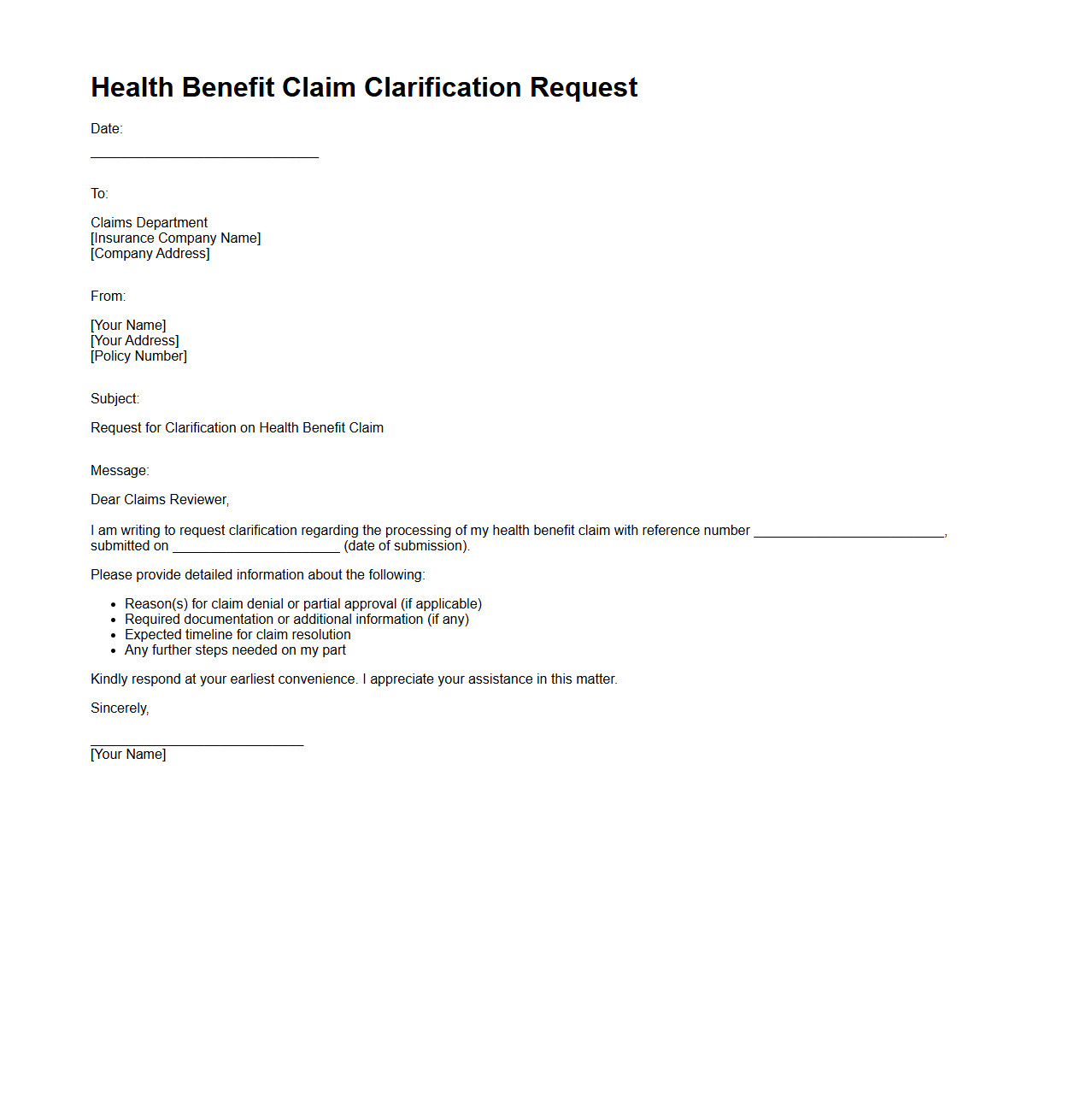 Health Benefit Claim Clarification Request Sample